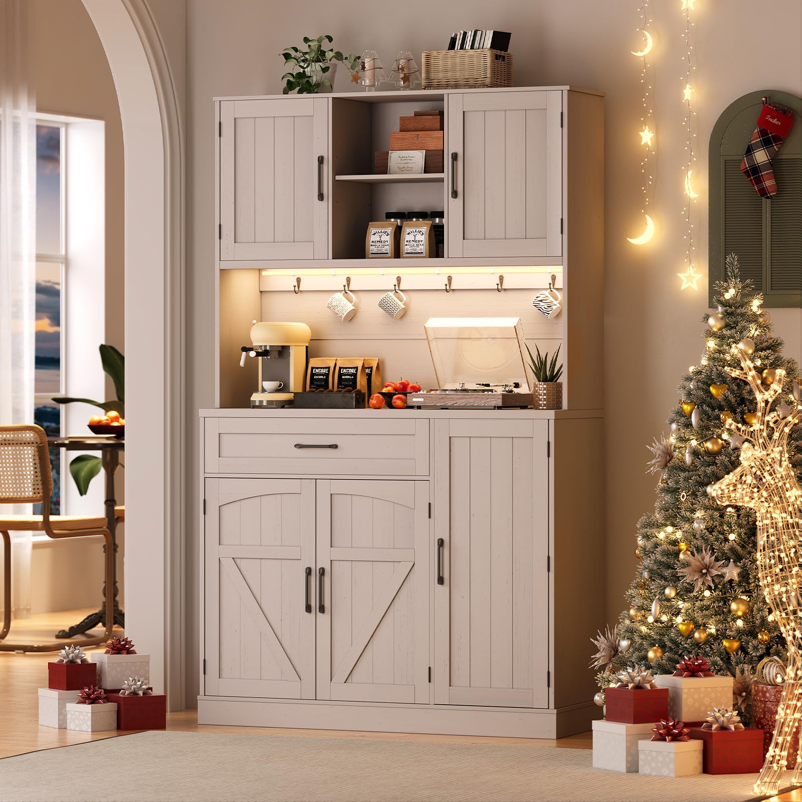 ONBRILL 71" Pantry Cabinet, Kitchen Pantry Storage Cabinet with LED Light & Outlet, Kitchen Hutch with Microwave Shelf & 6 Hooks, Door Shelves & Drawer & Adjustable Shelves, for Dining Room