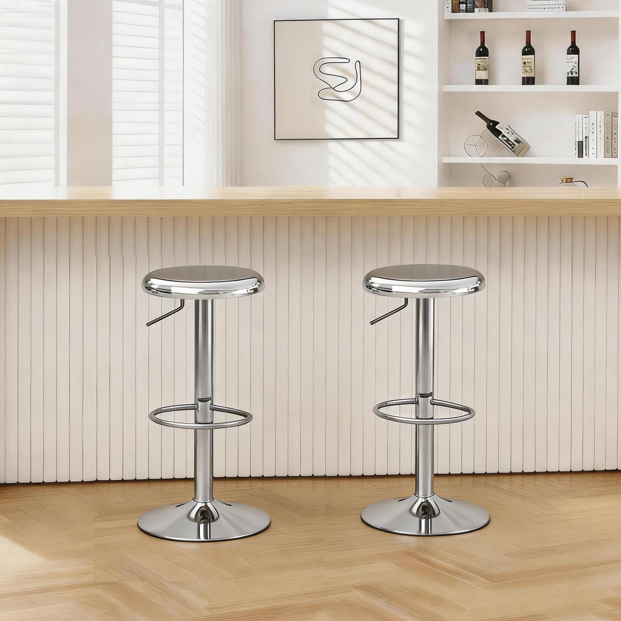 CAROLMADE Bar Stools Set of 2, Adjustable Metal Bar stools Swivel Counter Height Stool Backless Barstools for Kitchen Island Pub, Chrome