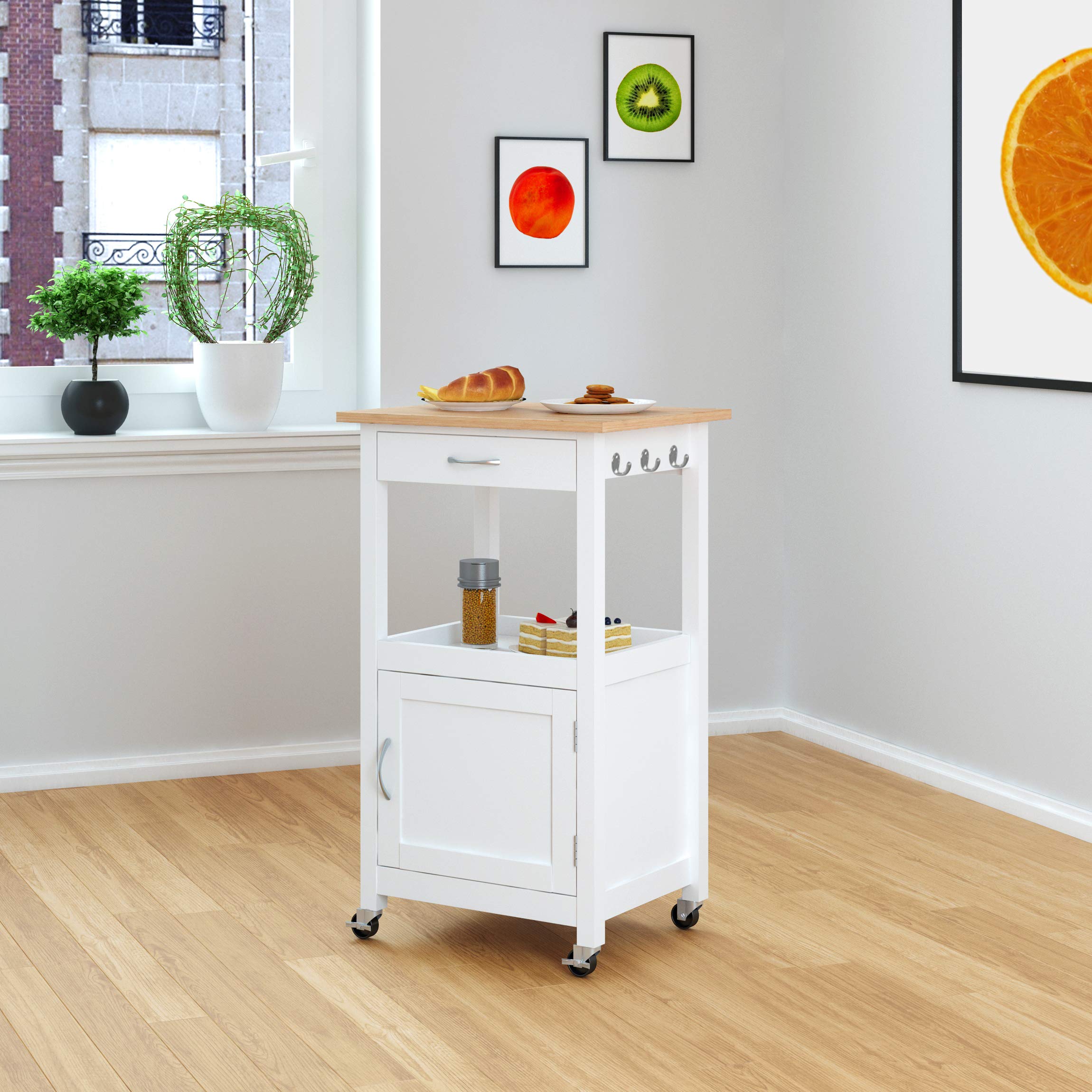 eHemco Kitchen Island Cart on Wheels with Drawer, Storage Cabinet, Shelf and Natural Solid Hardwood Top, White Base