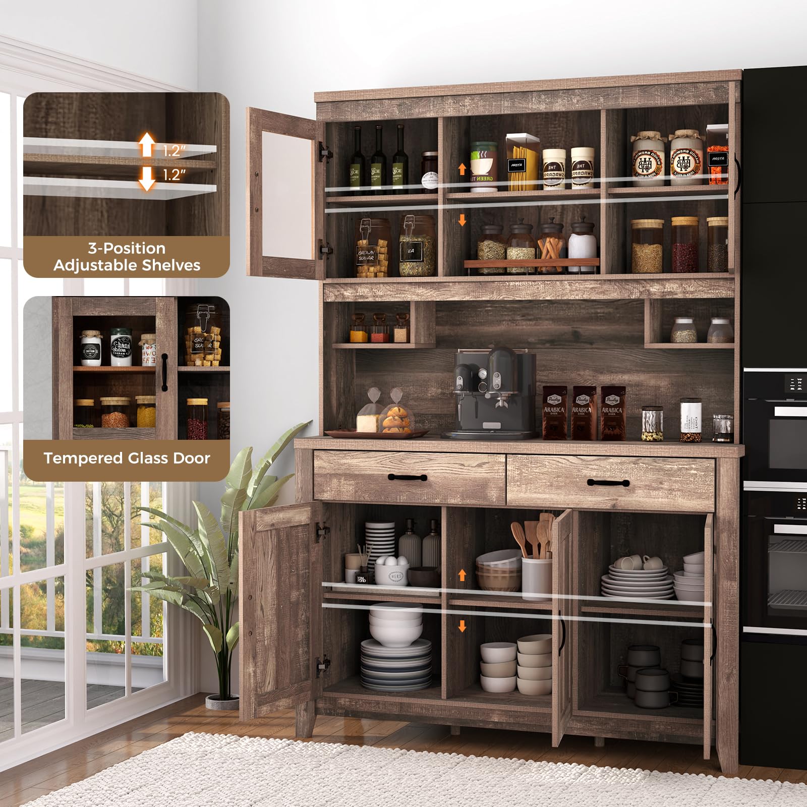 Tall Kitchen Hutch Storage Cabinet with Glass Doors & Microwave Shelf