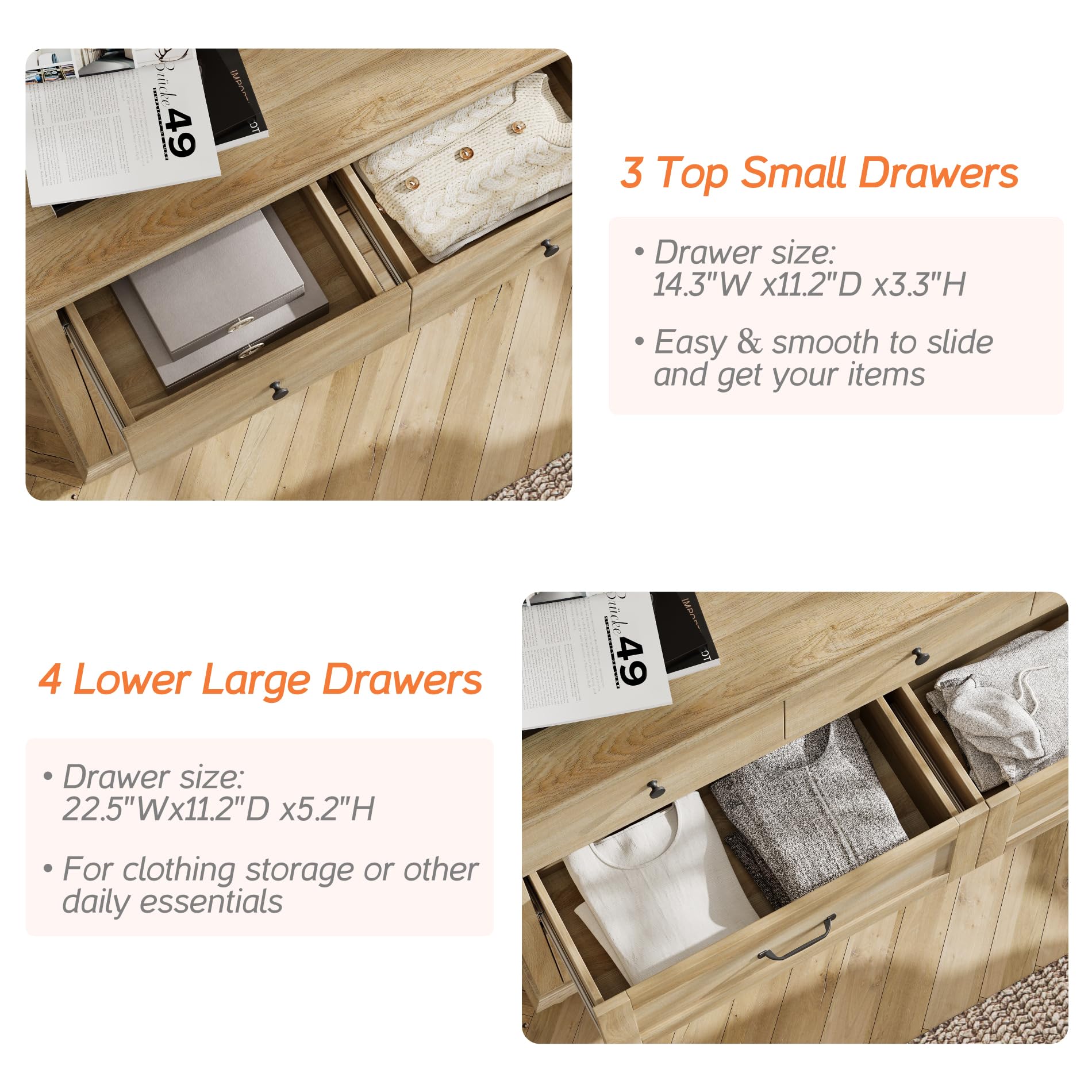 3-Piece Bedroom Set with 7-Drawer Dresser & Nightstands with Charging Station – Oak