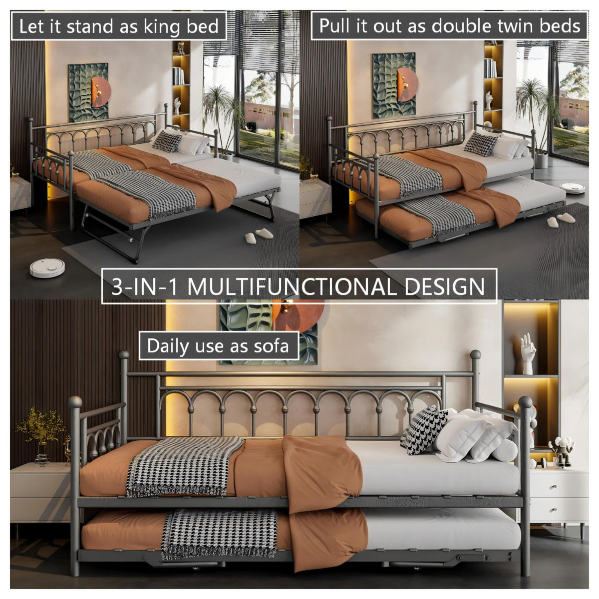 kuurfuurdo Day Bed with Trundle Bed Twin Size Metal Daybed with Pop up Trundle Daybed Farme Space Saving Sofa Bed for Adults Kids Bedroom Guest Room Living Room No Box Spring Needed