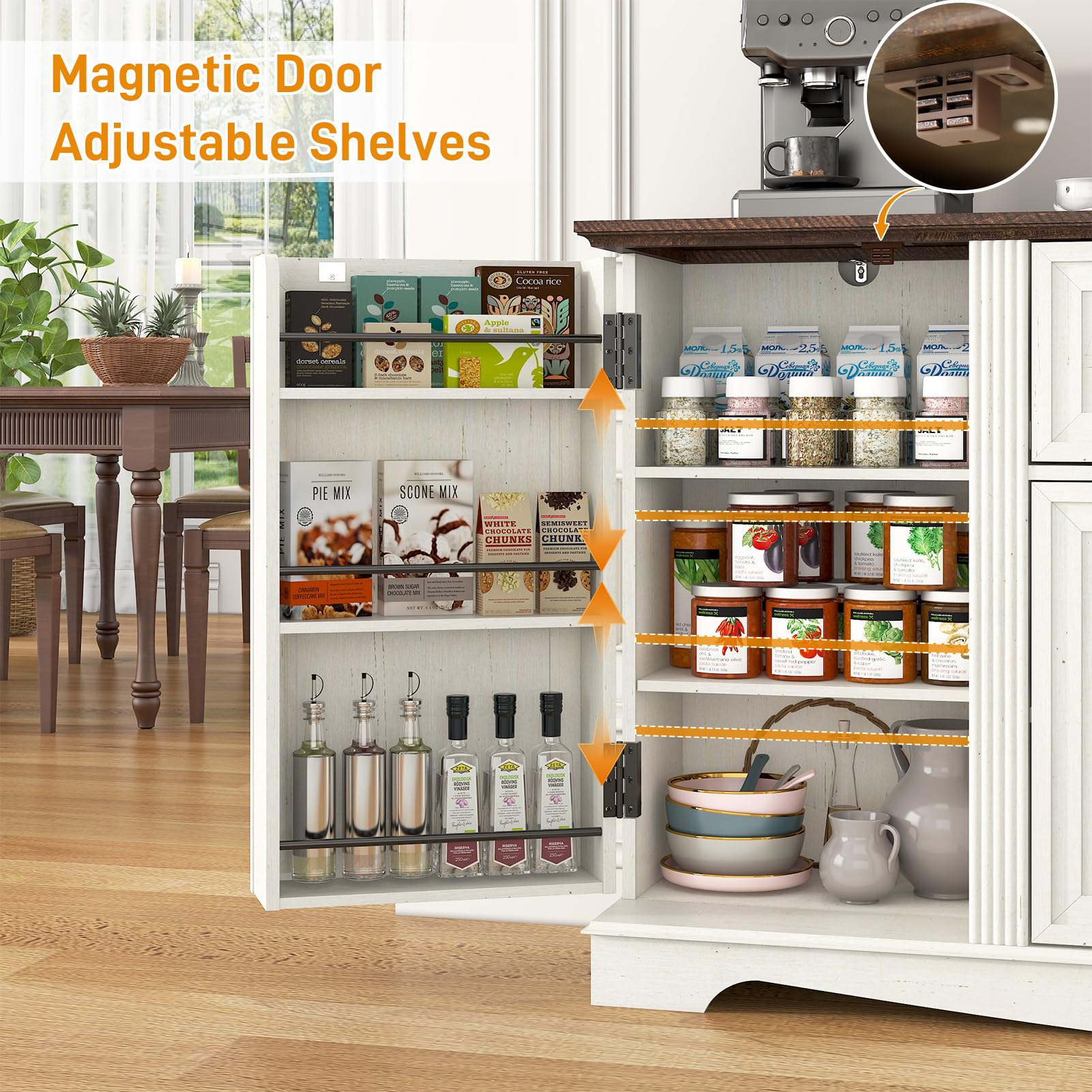 65" Sideboard Buffet Cabinet with Storage, Farmhouse Kitchen Pantries Sideboard Cabinets with Drawer, Wood Coffee Bar Cabinet with Adjustable Shelves, Storage Cabinets for Kitchen, Antique White