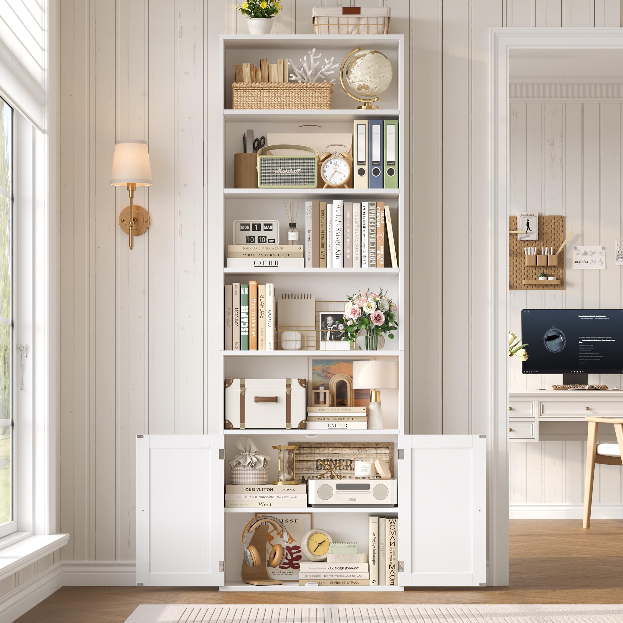 FACBOTALL 82" Tall Bookcase and Book Shelf, 24" Wide Bookshelf with Doors, 7 Tier Bookcase with Storage and Adjustable Shelf, Open and Display Farmhouse Bookshelf for Living Room, Home Office, White