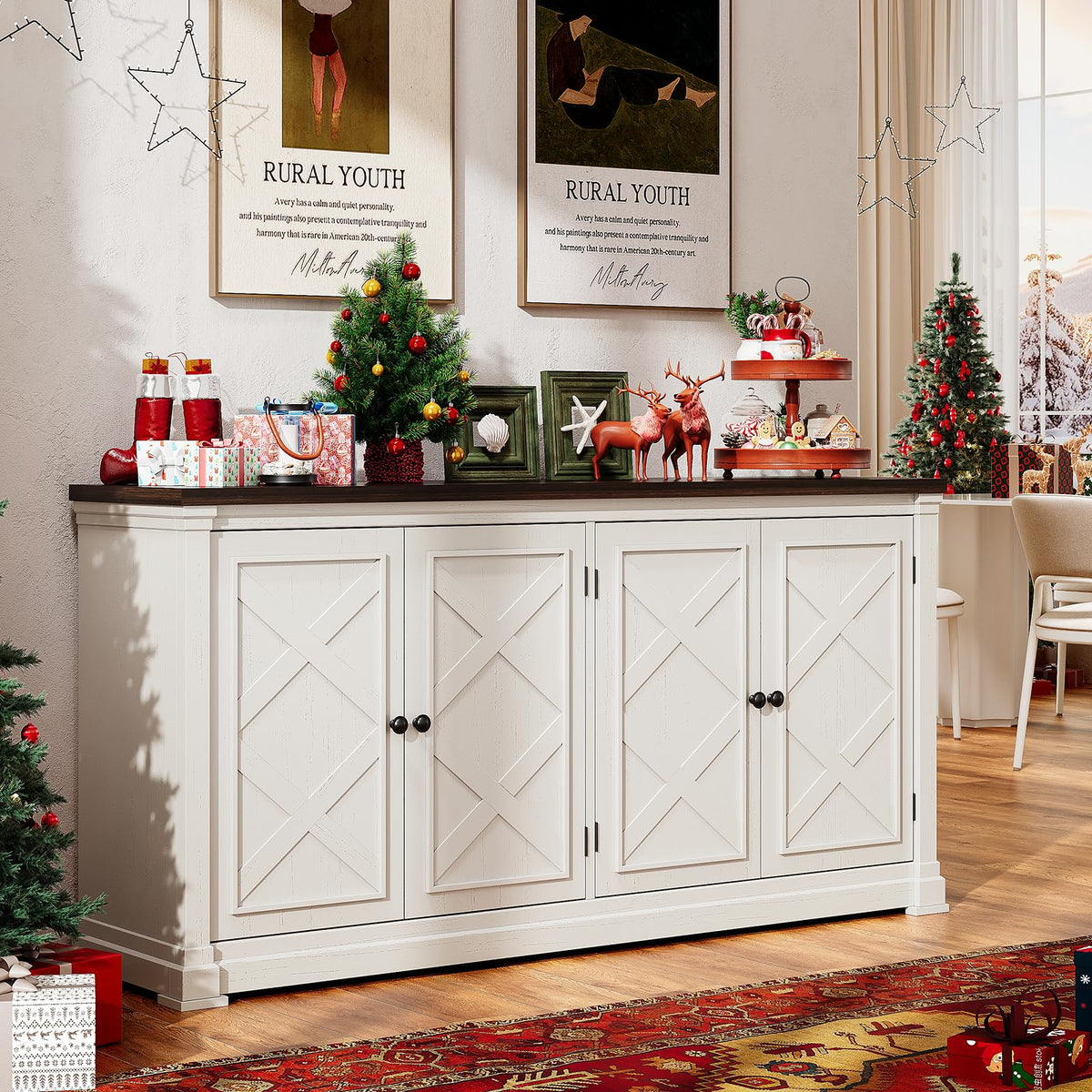 ONBRILL 63 Inch Buffet Cabinet with Storage, 4 Barn Doors, Off White
