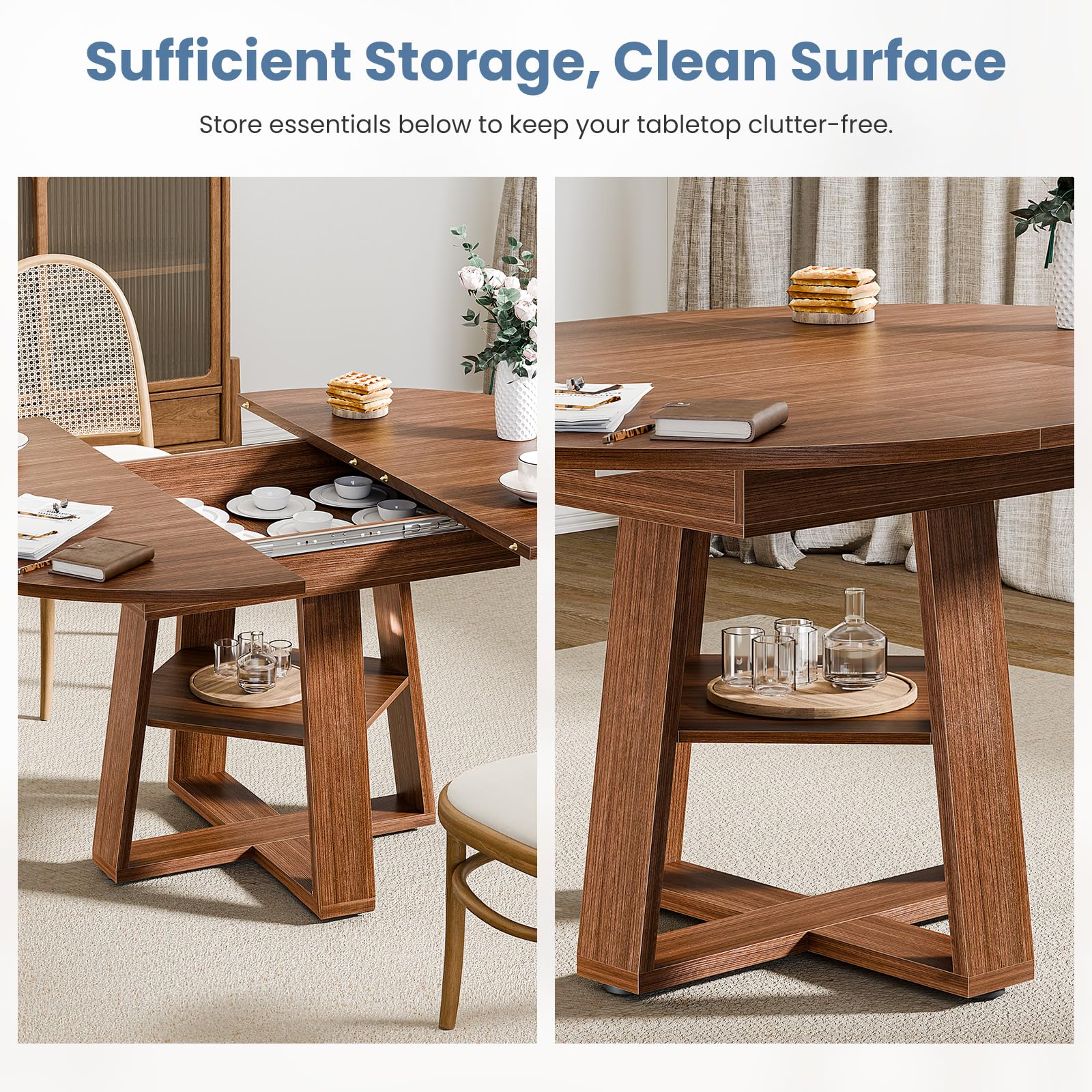 DUMOS Extendable Round Dining Table for 4-8, Modern Kitchen Oval Dinner Table with Storage Shelf, Wood Pedestal Table, Space Saving Modern Style, Brown