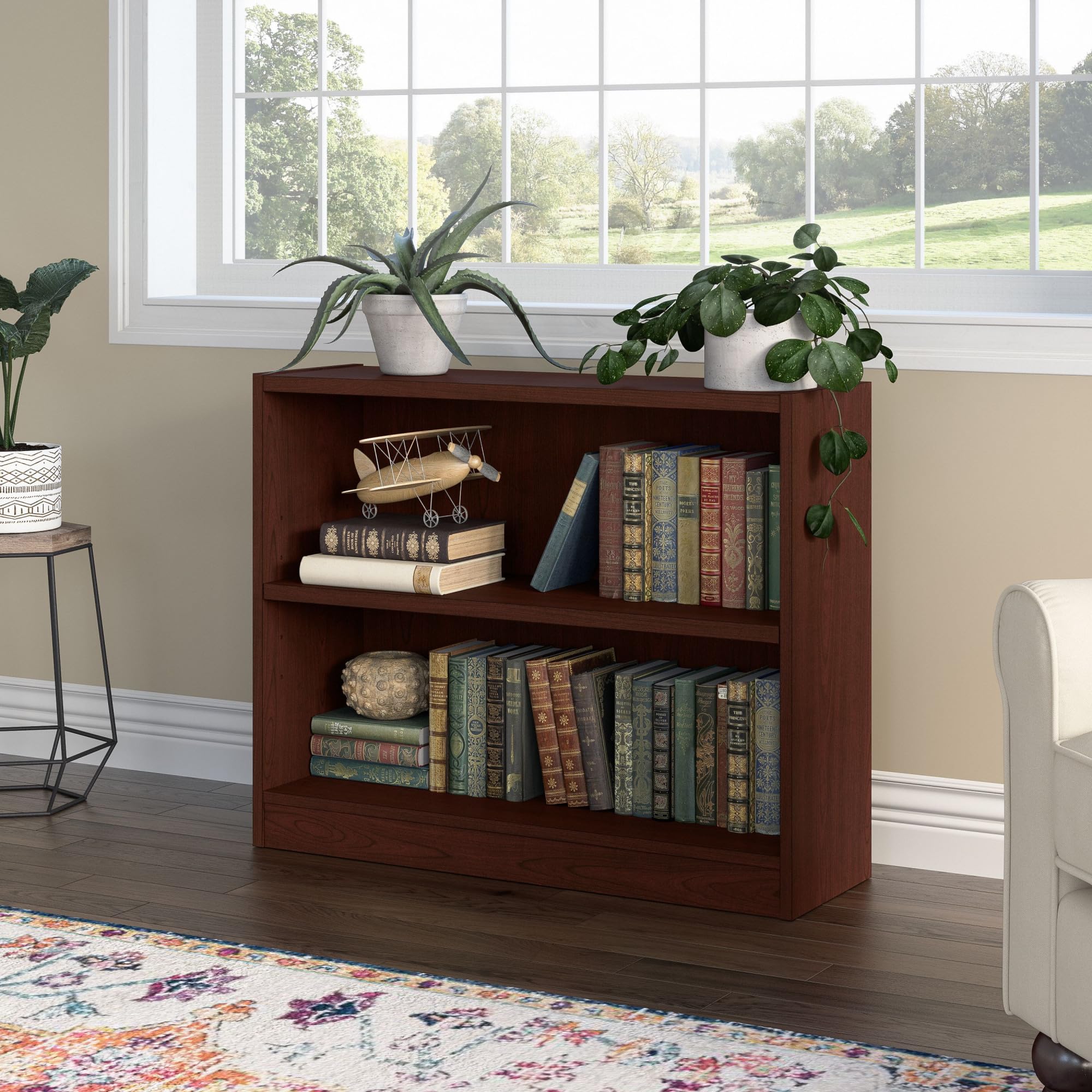 Bush Home Small 2 Shelf Bookcase, 2 Tier Bookshelf Storage Cabinet with Adjustable Shelf for Living Room, Bedroom or Home Office, Universal Collection, Vogue Cherry