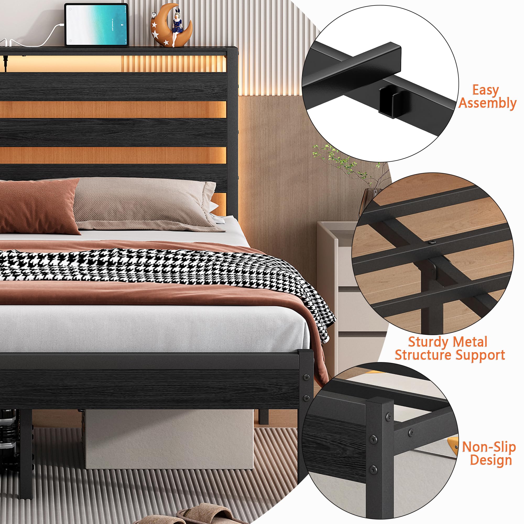 Metal Platform Bed Frame with Headboard, LED Lights & USB Charging