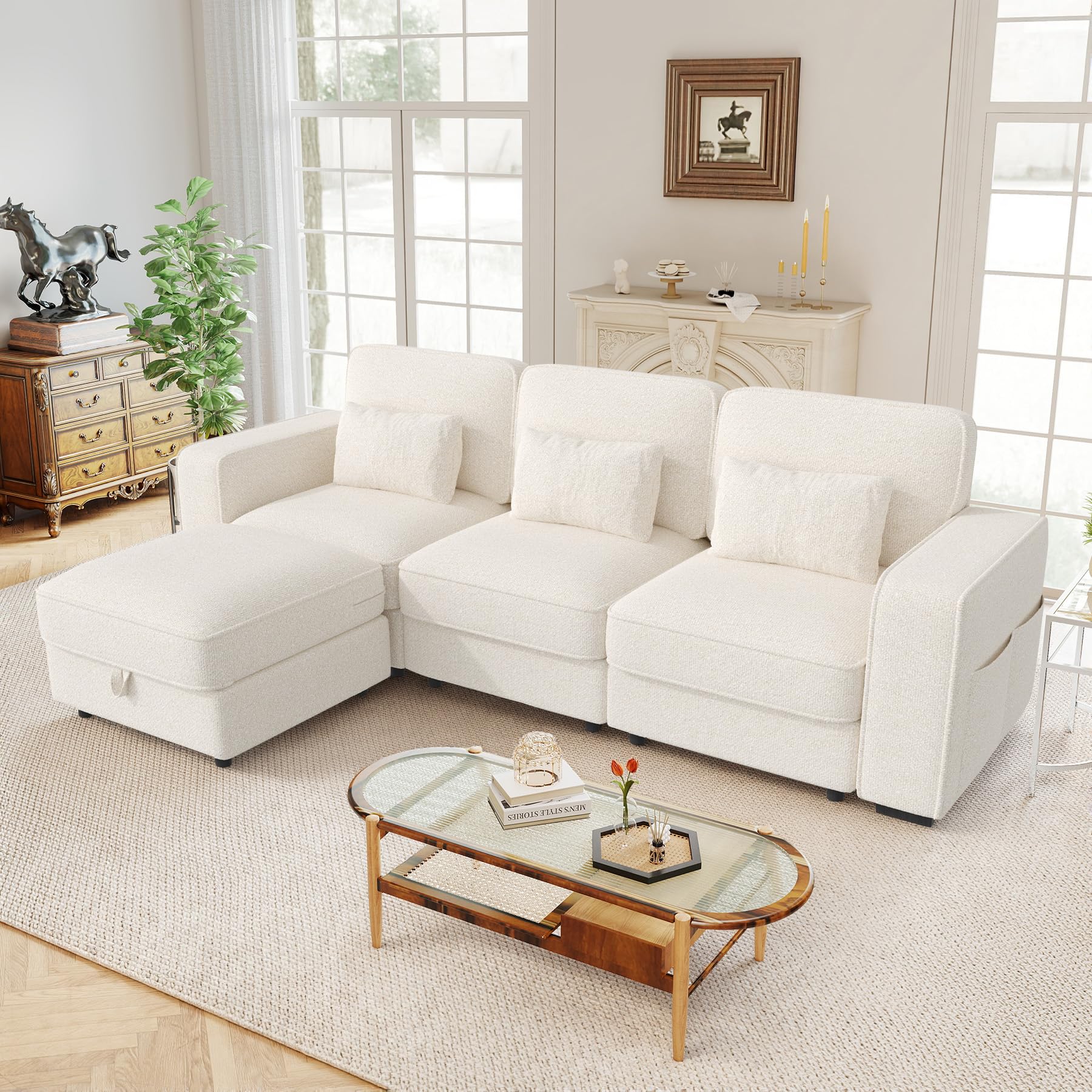 102" L Shaped Modular Sectional Sofa, Oversized 3-Seater Convertible Cloud Couch, Modern Chenille Sectional Couches for Living Room, Cream White 1 PCS
