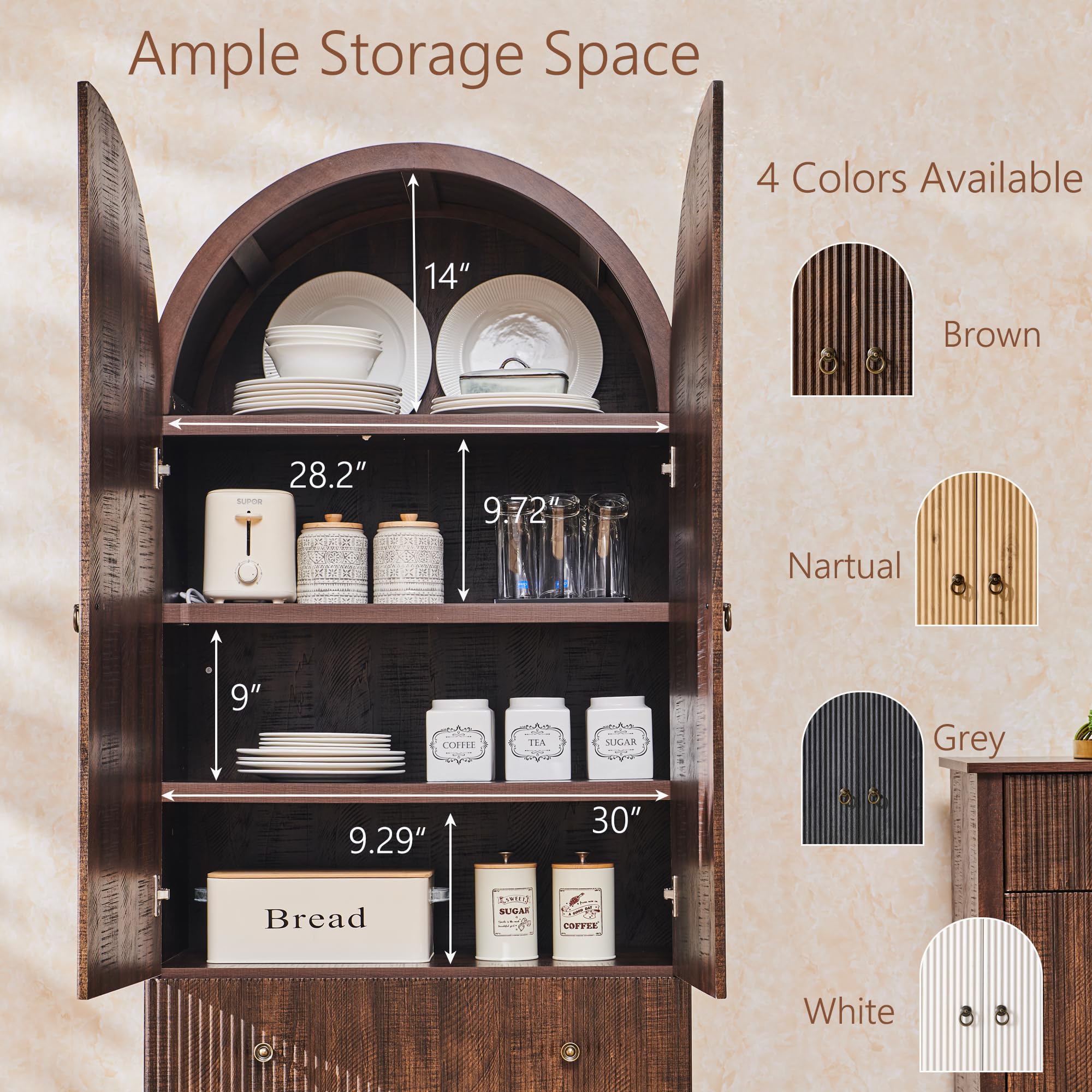 IFGET 71" Tall Arched Pantry Cabinet, Fluted Kitchen Storage Cabinet with Adjustable Shelves and 2 Large Drawers, Freestanding Morden Versatile Cupboard for Living Room, Bathroom, Brown