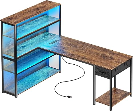 L-Shaped Gaming & Office Desk with RGB Lighting & Power Strip