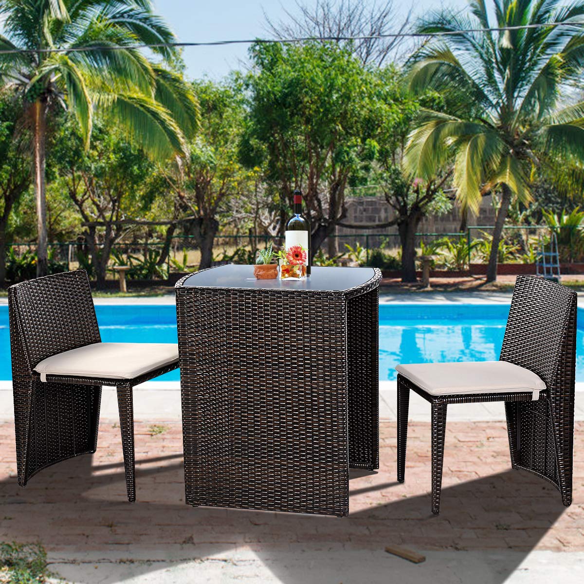3-Piece Cushioned Wicker Patio Bistro Set