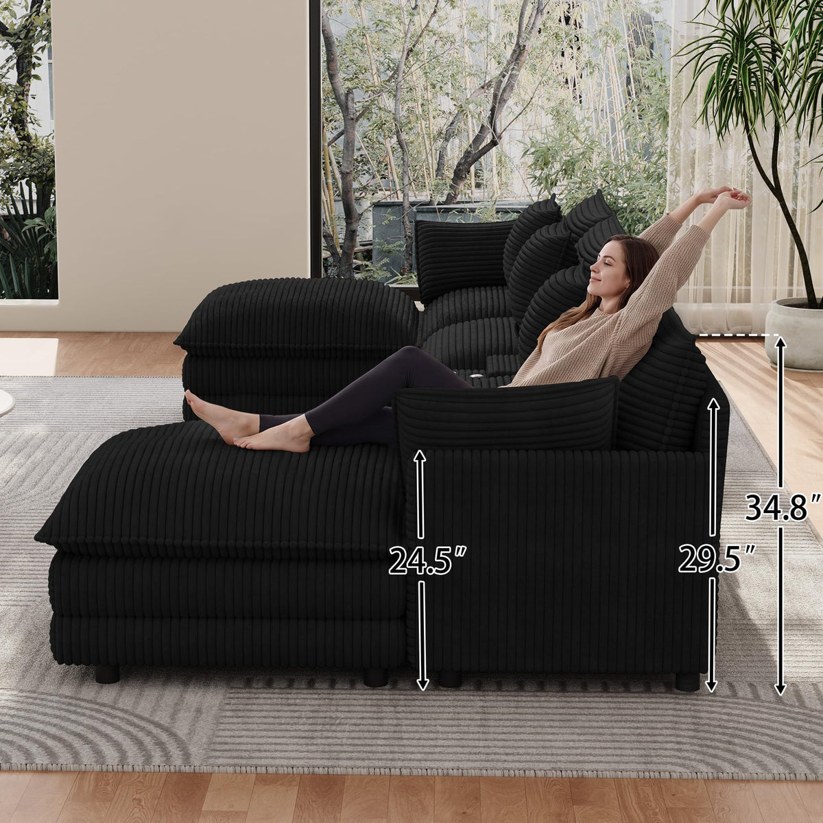 ONEMMLION 143" Oversized U-Shaped Cloud Sectional Sofa, Black