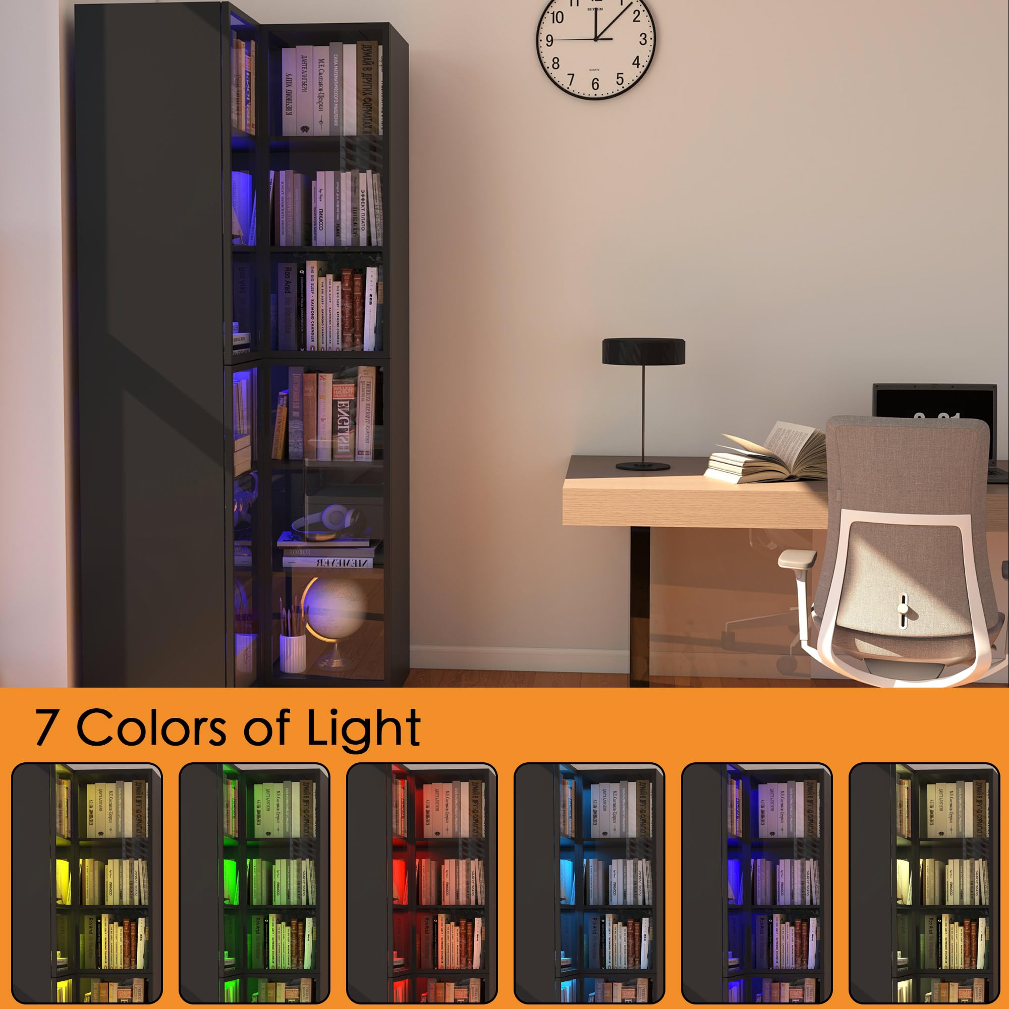 L-Shaped Corner Bookcase with Glass Doors & LED Lights