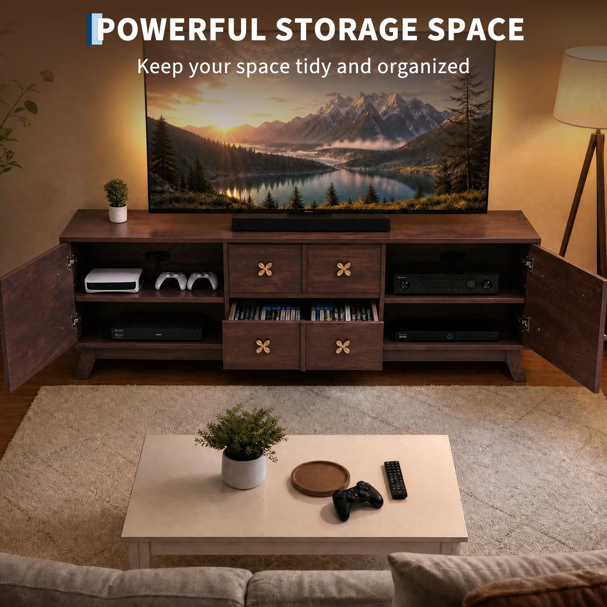 Garvee 67" Wood TV Stand, Mid Century Modern TV Stand for Up to 75" TVs