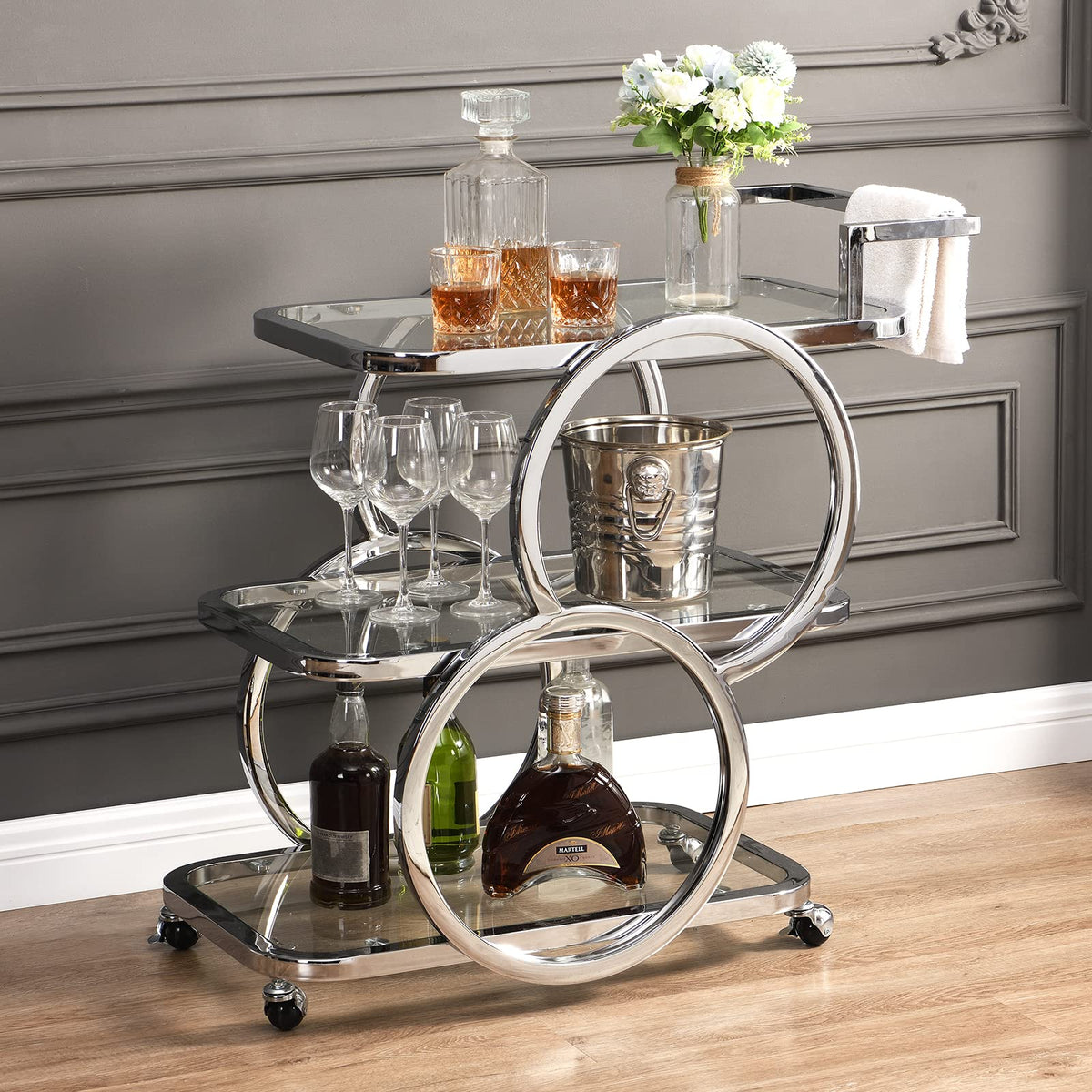 FERFALDER Home Bar Serving Carts 3 Tier Kitchen Carts on Wheels Mobile Bar Carts for Home Kitchen Dining Room Living Room Party, Stainless Steel