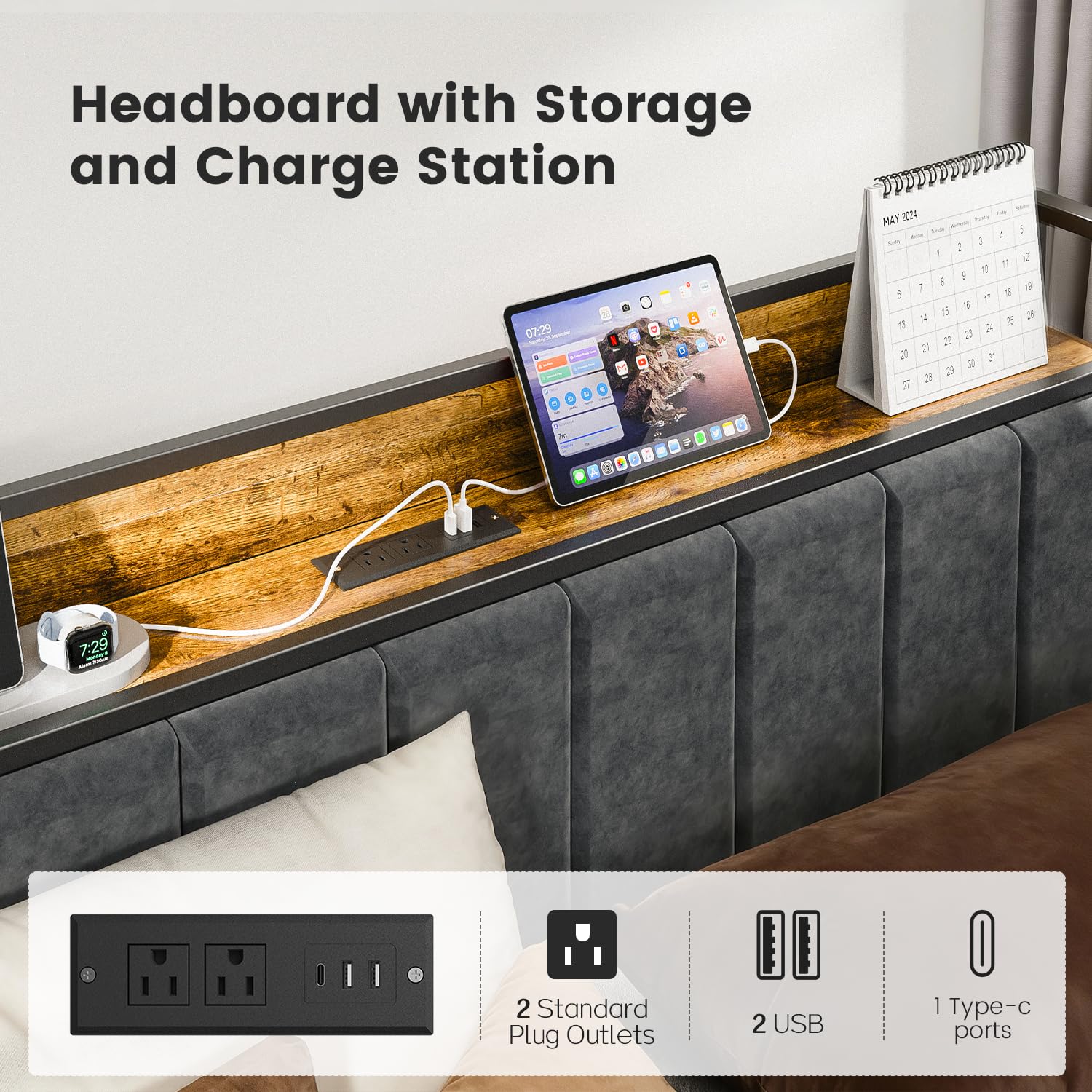 PROTEA Full Size Bed Frame with LED Lights and Built-in Charging Station, Upholstered Headboard with Storage Shelf, Sturdy Metal Platform, Noise Free, No Box Spring Needed