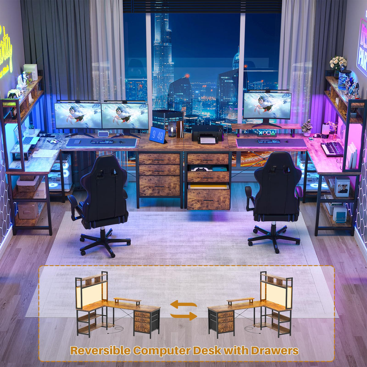 L-Shaped LED Desk with Hutch