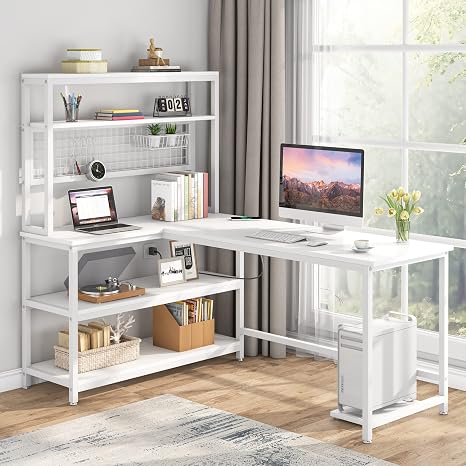 L-Shaped Computer Desk with Hutch & Wireless Charging