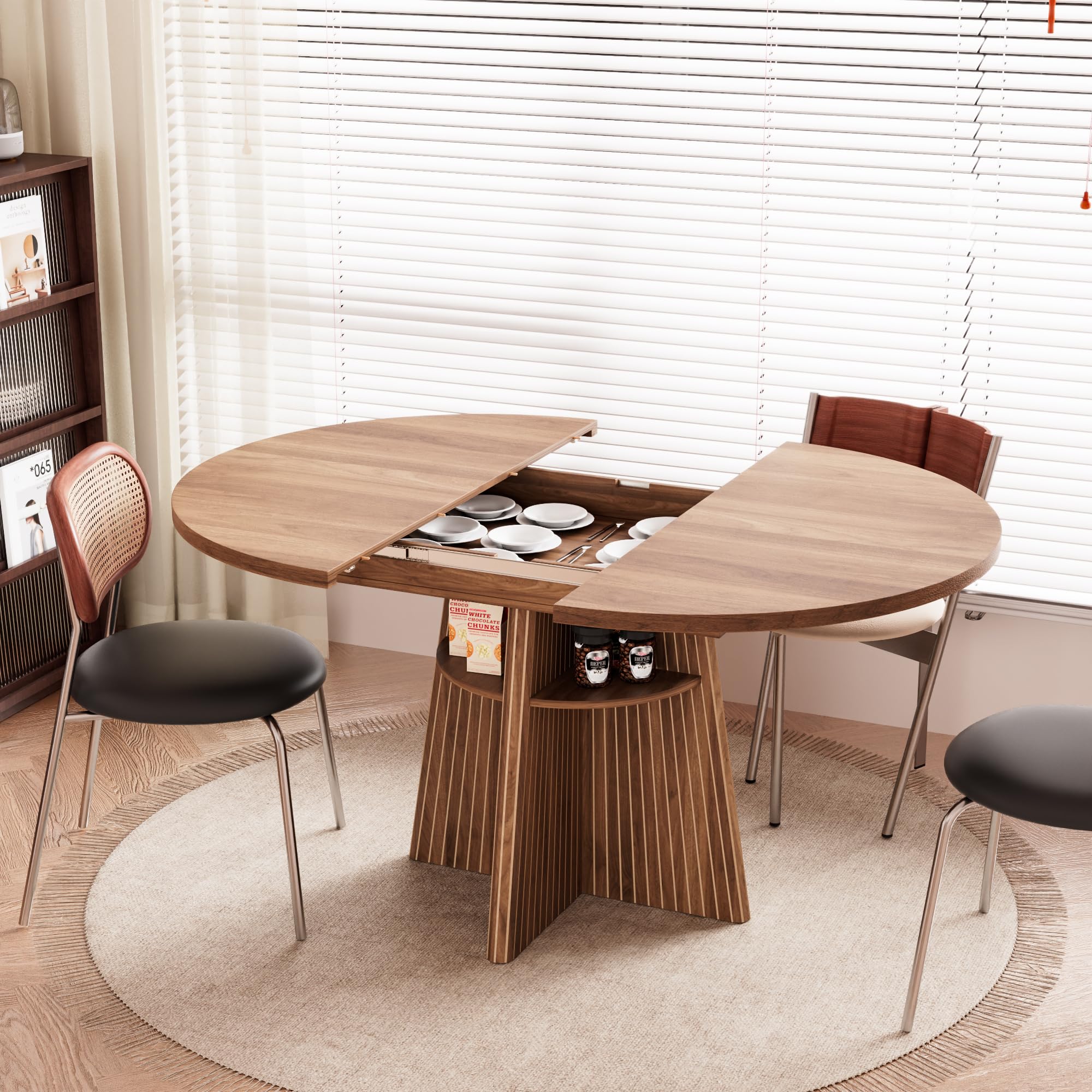 43.3in-59in Extendable Dining Room Table for 4-8, Round Expandable Kitchen Table with Fluted Base, Modern Oval Dinner Tables with 4 Storage Shelves for Kitchen Living Room (Walnut, 43.3in)