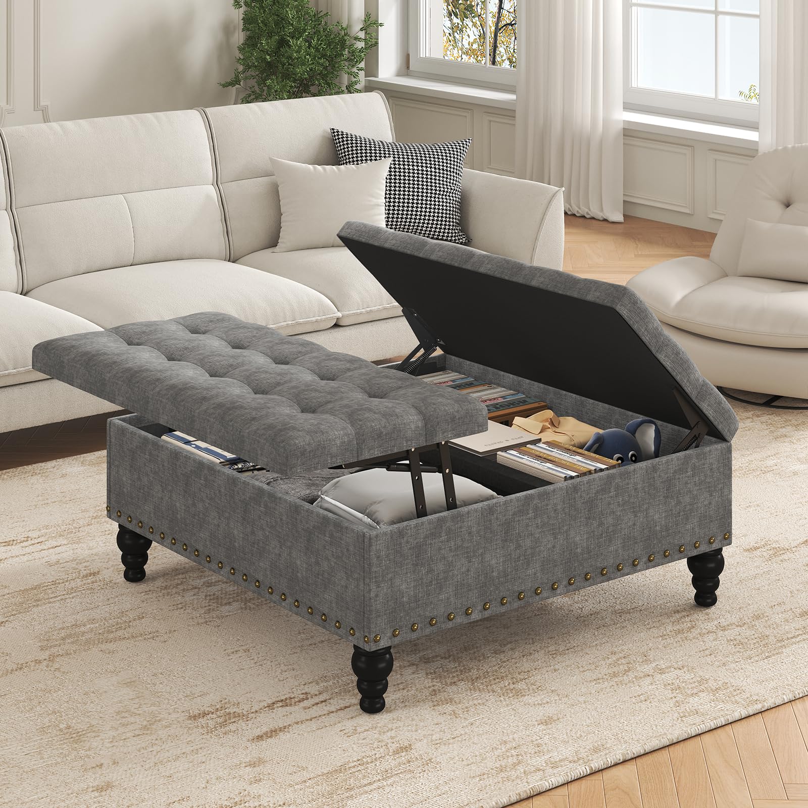 iabifo Large Square Leather Storage Ottoman Bench, Button Tufted Upholstered Coffee Table Ottoman with Solid Wooden Legs (Dark Gray)