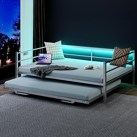 Daybed with Trundle, LED Lights & Charging Station