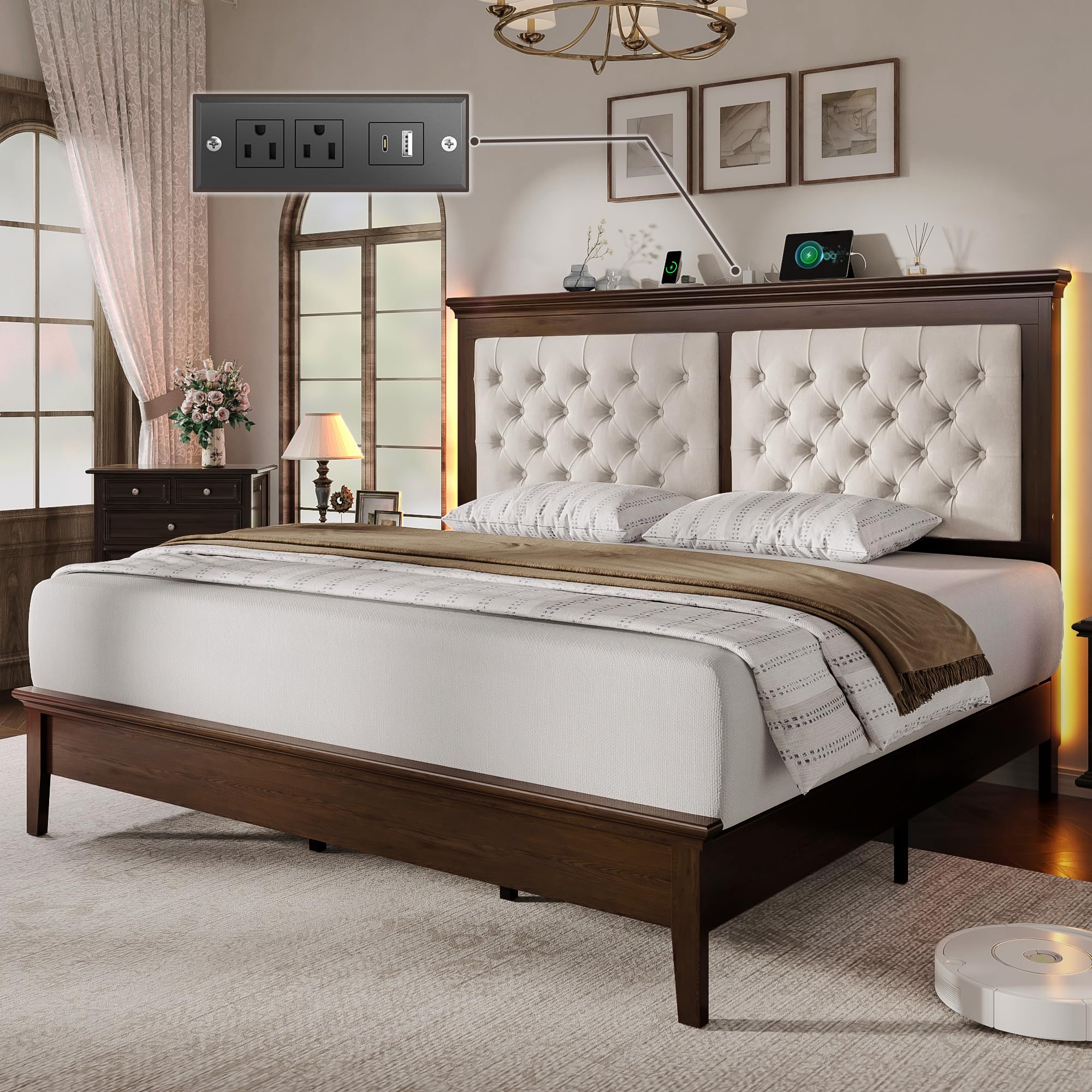Lifezone Solid Wood King Size Bed Frame 46” Tall Diamond-Tufted Upholstered Headboard, American Classic Flat-Top Bed, Stable Structure, Wood Slats Support, Noise-Free, No Box Spring Needed, Walnut