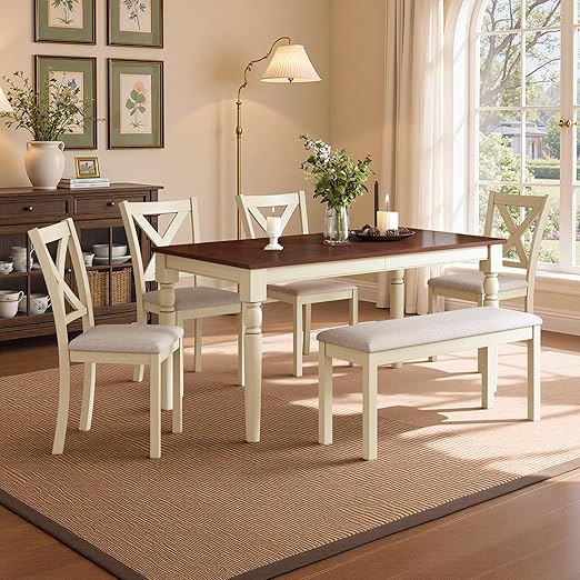 6-Piece Farmhouse Dining Table Set with Chairs & Bench
