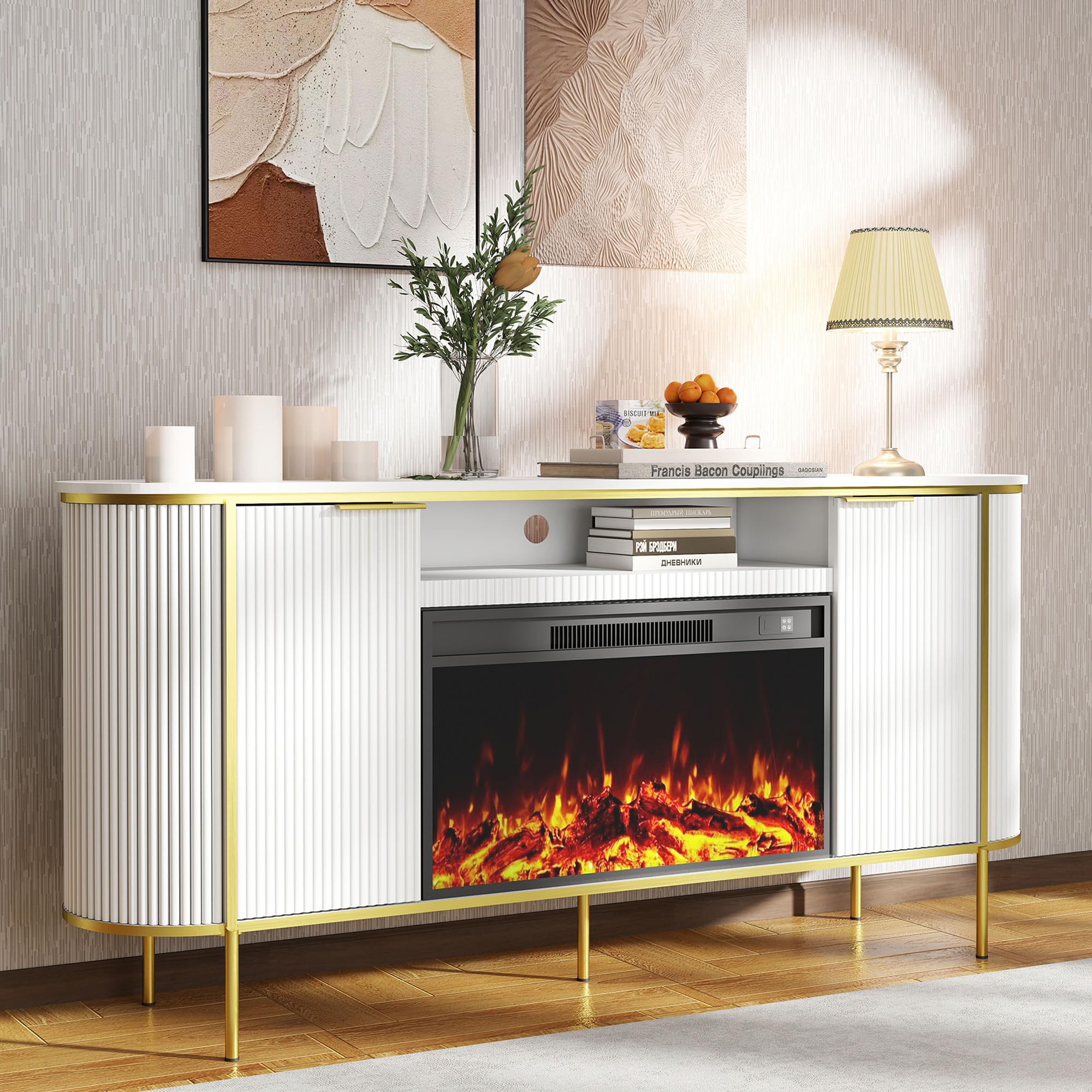 LABROSKIA Fluted Fireplace TV Stand: 70" White Electric Fireplace TV Stand Up to 80 inchs, Luxury Media Console with 30" Electric Fire Place, Modern TVs Consoles for Living Room, Faux Marble Top