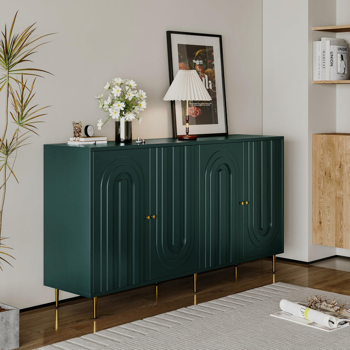 QIANYEWANG Modern Blue Lacquered 4 Door Wooden Cabinet Sideboard Buffet Server Cabinet Storage Cabinet, for Living Room, Entryway, Hallway, Office, Kitchen and Dining Room ，Green