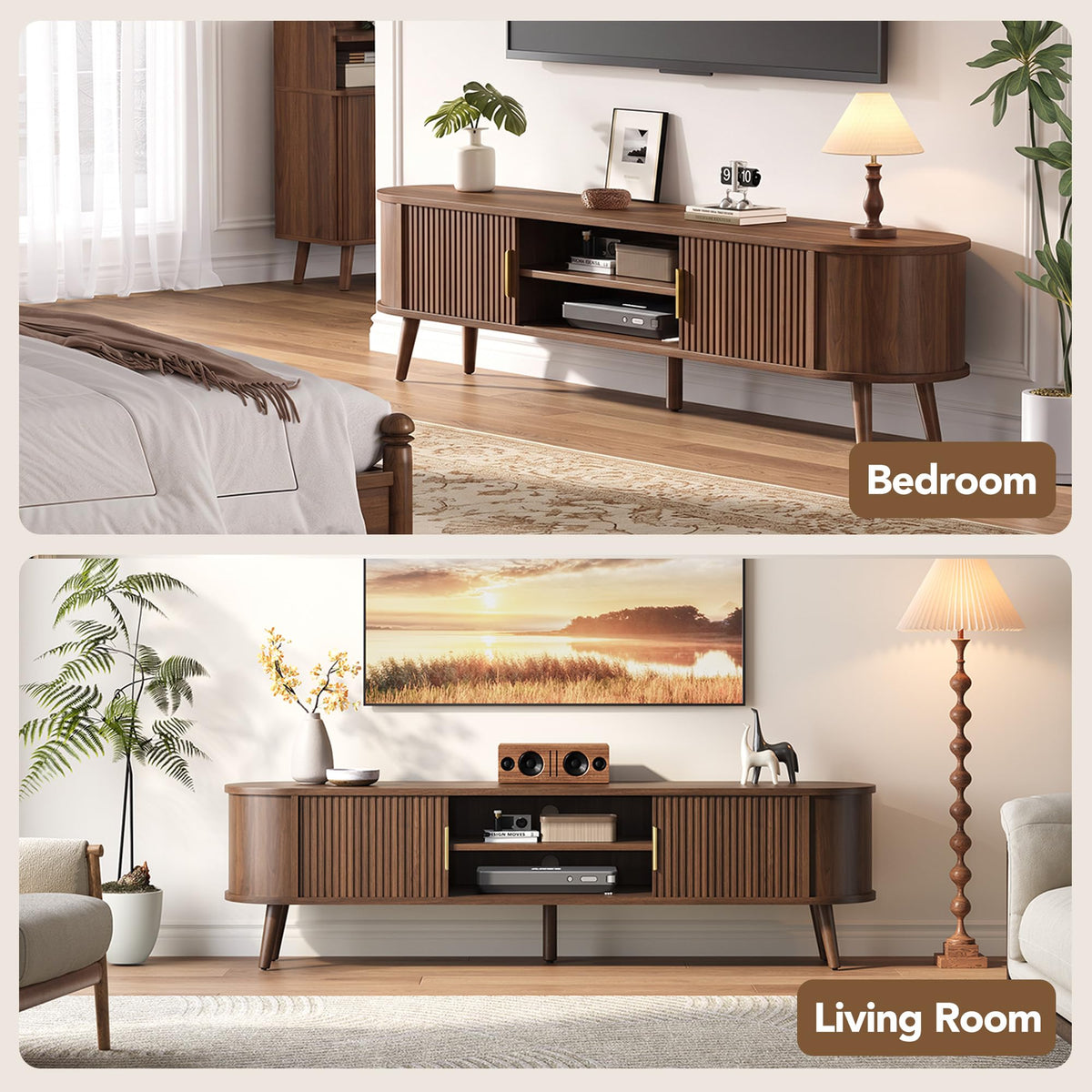 Decofy Mid Century TV Stand for TVs up to 80" with Fluted Sliding Doors, Modern Entertainment Center with Hidden Storage and Adjustable Shelf, Media Console Table for Living Room,Bedroom, Walnut