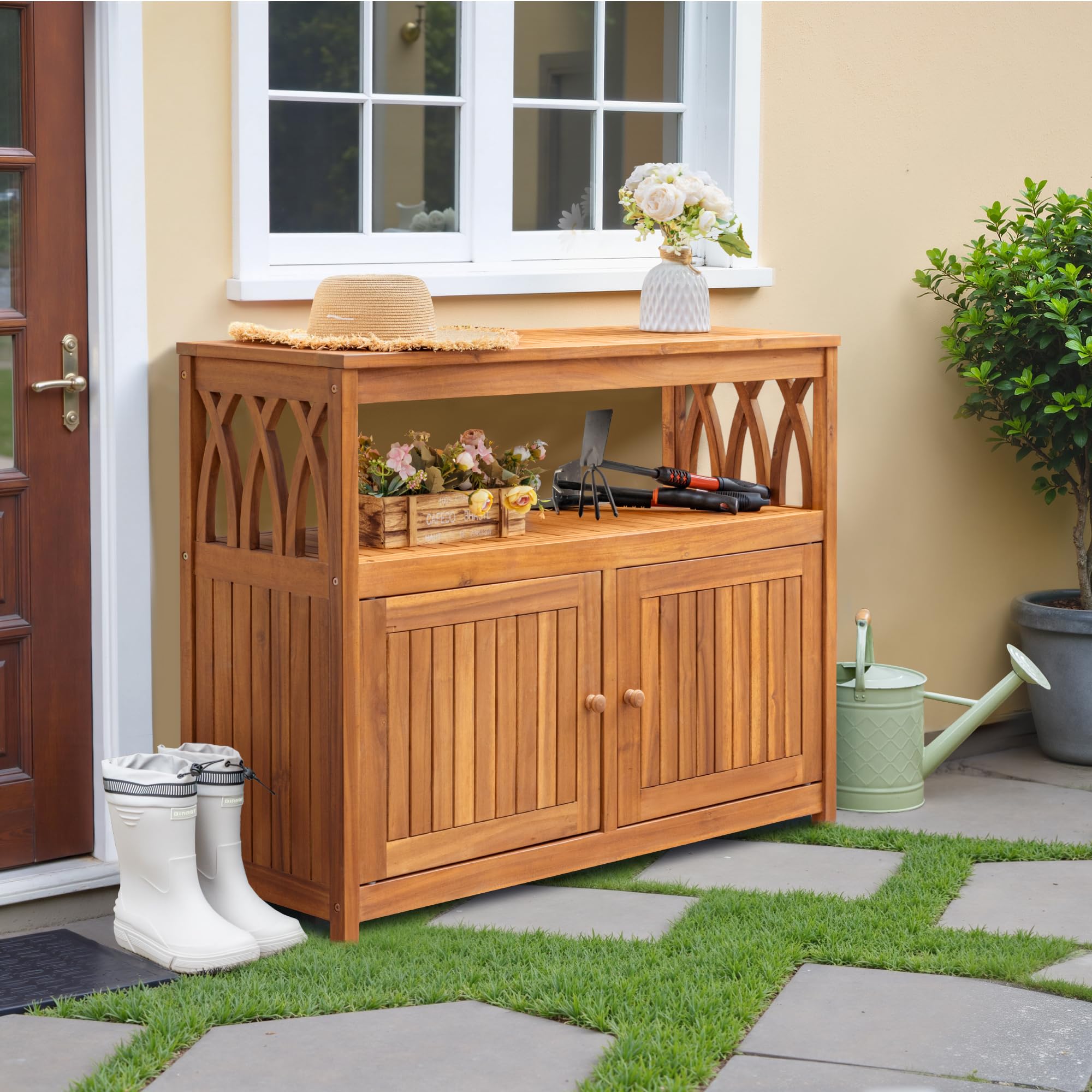 Acacia Wood Outdoor Storage Cabinet with Magnetic Doors