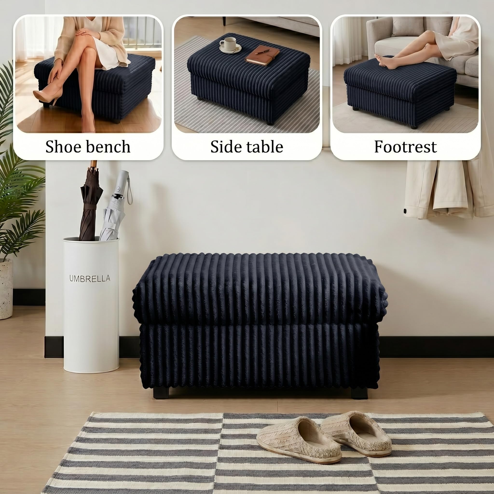 Mofolit Corduroy Ottoman with Storage,16.5Inch Height Square Ottomans Easy of Assembly, Couch Ottoman for Living Room,Apartment and Bedroom .(Black, Ottoman)