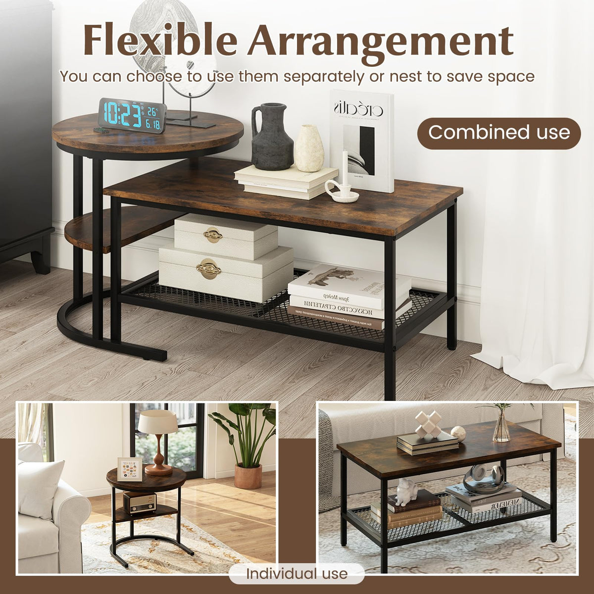 KOTEK Nesting Coffee Table Set of 2, Detachable Rectangular Coffee Table & Small Round End Table Set, Faux Marble Pattern & Sturdy Metal Frame, Modern Nesting Tables for Living Room (Brown)