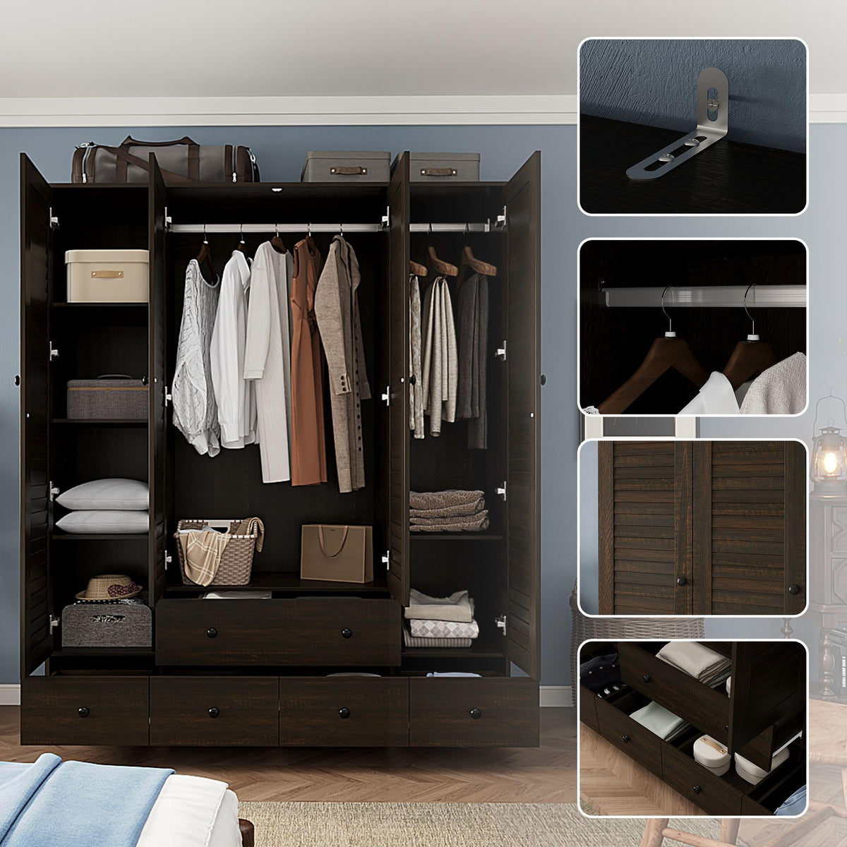 Brown Louvered Wardrobe with Drawers