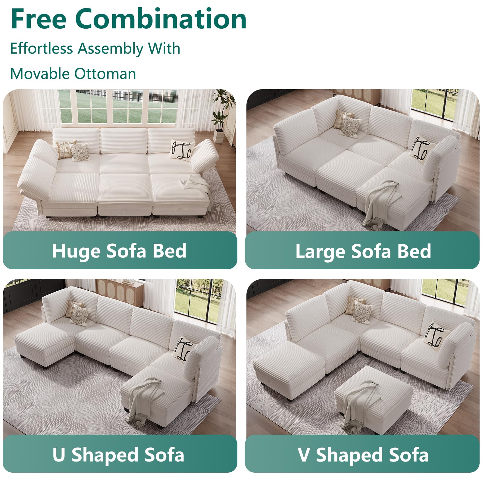 OhaiAura Modular Sectional Sofa with Adjustable Backrest, Convertible L/U-Shaped Sleeper Couch for Living Room, Cloud Sofa Bed Modern Reversible Design, Beige