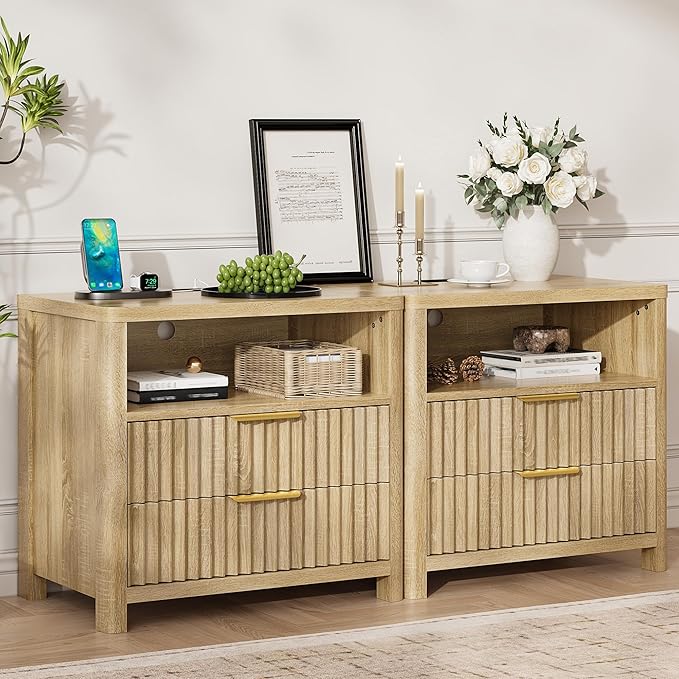 Fluted Nightstand with Charging Station & 2 Drawers