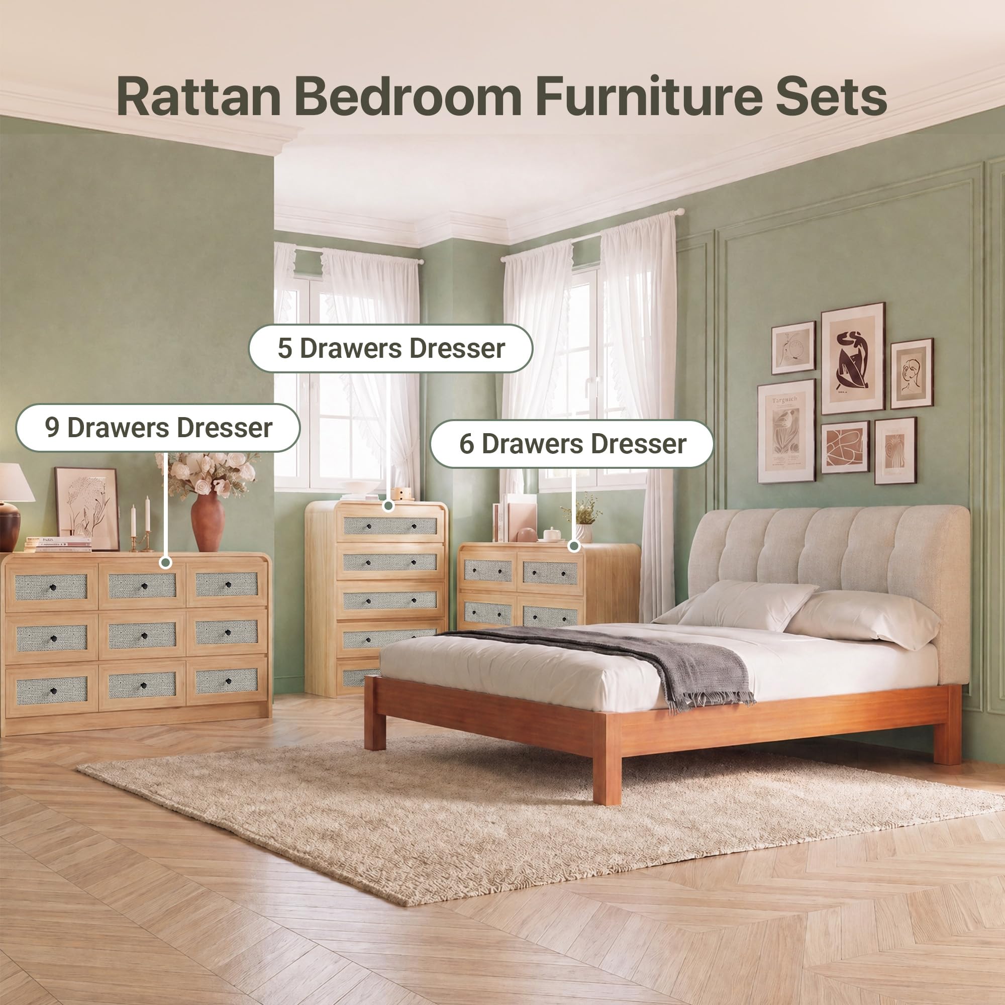 Seang Rattan 6 Drawer Dresser for Bedroom,47" Boho Chest of Drawers with Curved Profile Design,Wooden Dresser with Storage for Bedroom,Living Room,Natural
