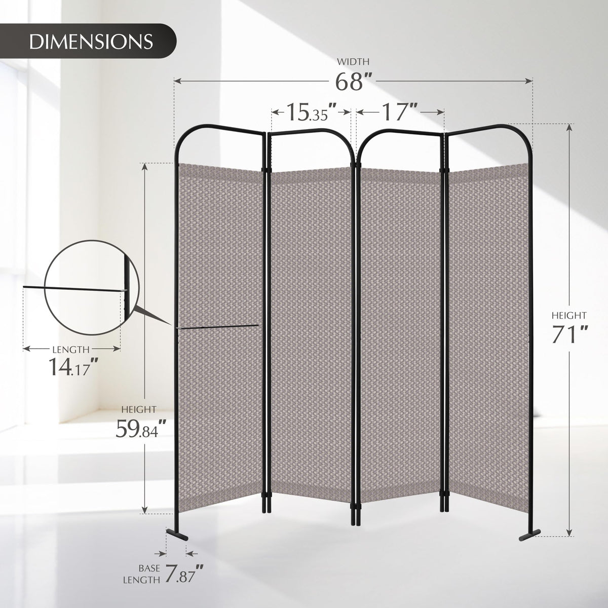 DECOLAB 68" Wide 4 Panel Room Divider, Modern Fabric Partition Panel, Waltz