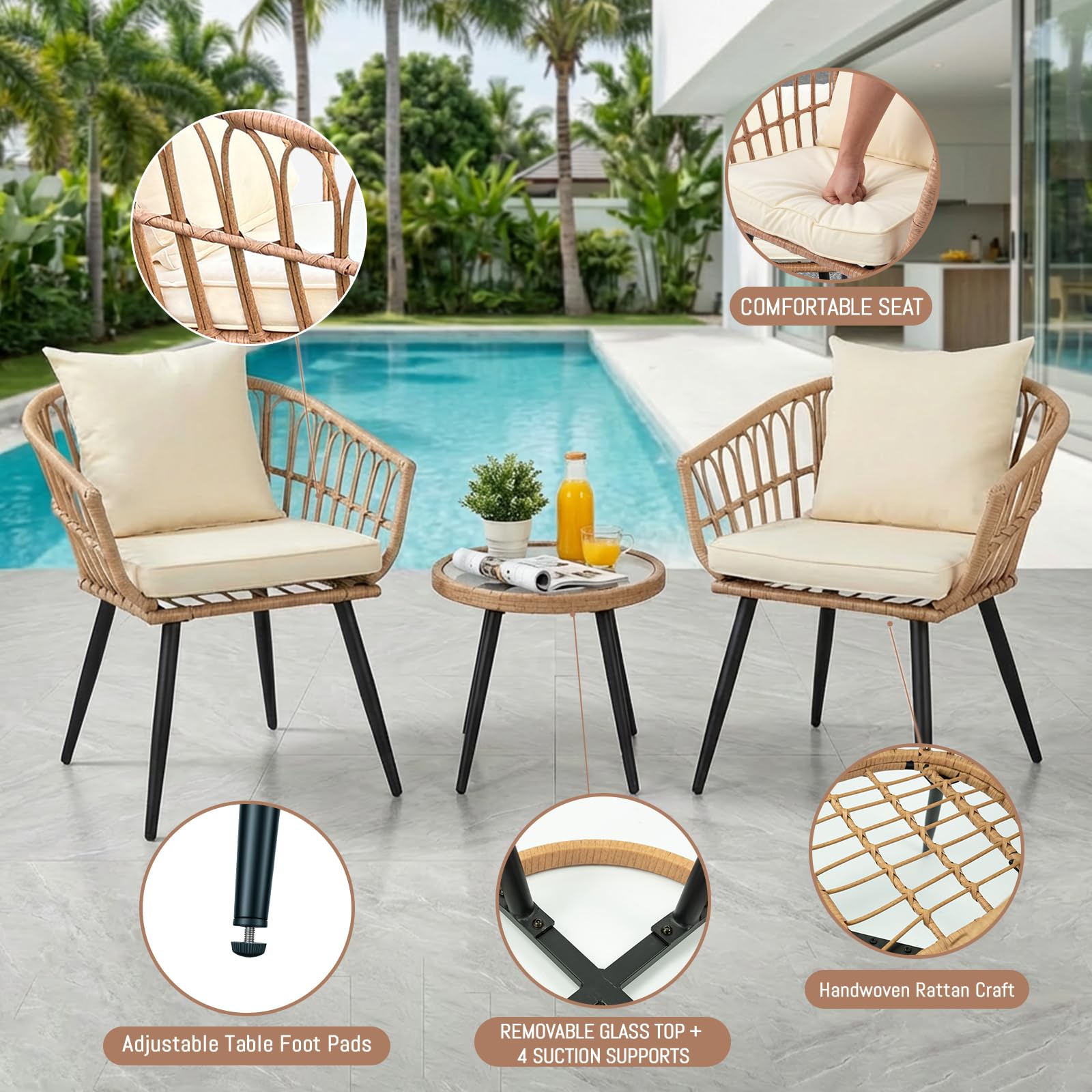 3 Piece Outdoor Patio Bistro Set,All-Weather Modern Wicker Table and Chairs Set for Backyard,Deck,Poolside,Beige