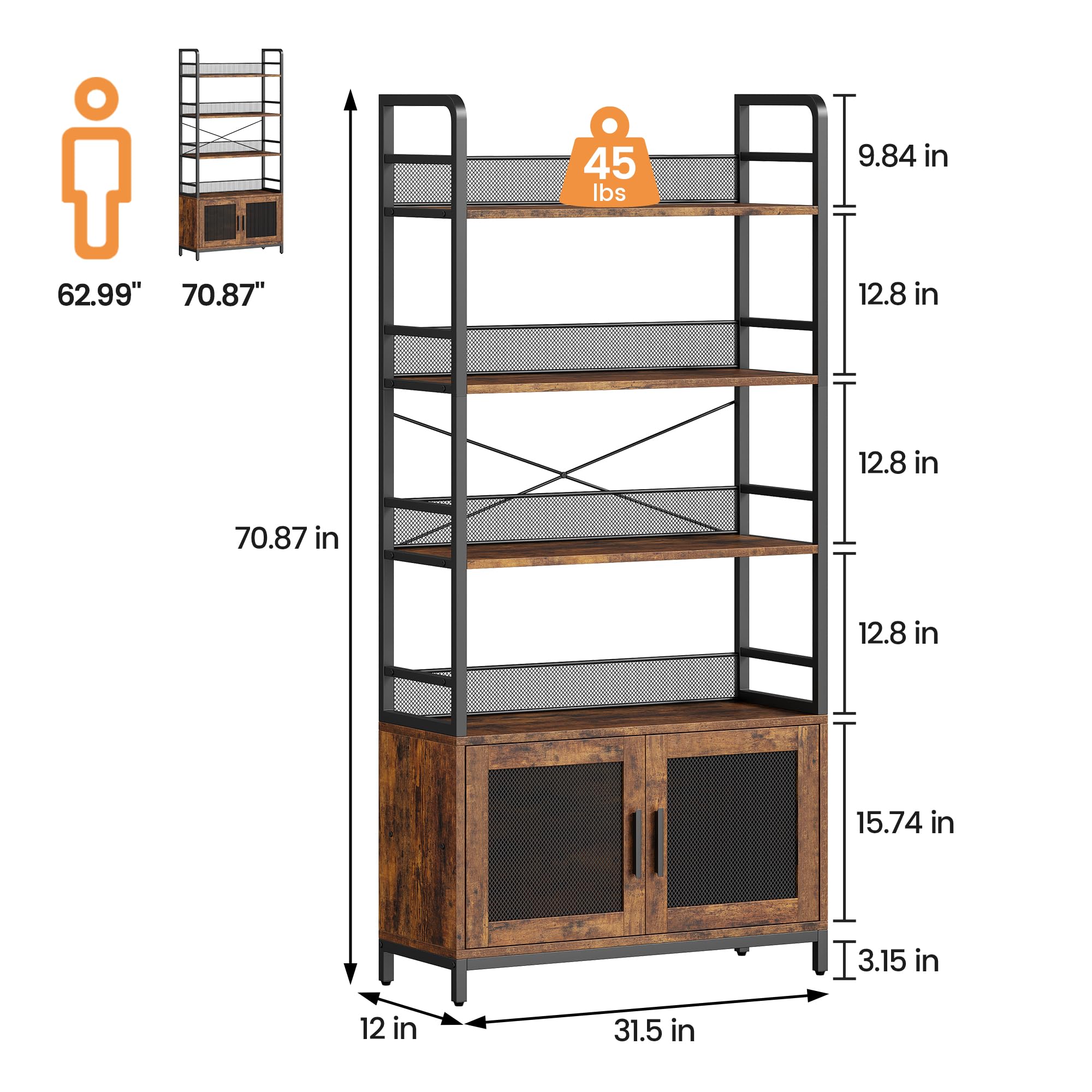 Industrial Bookshelf with Doors & 4 Open Shelves