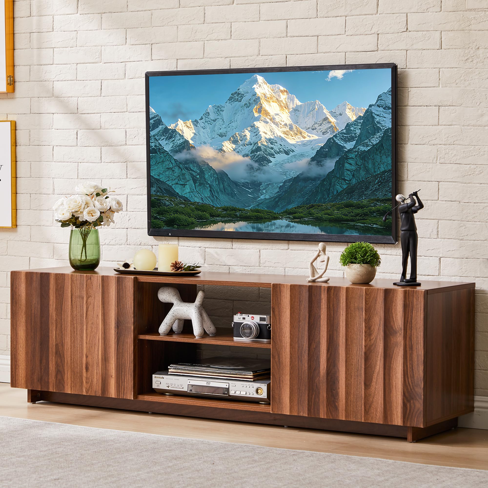 Bifins 61 inch TV Stand for Televisions up to 65 Inches, Mid Century Modern Fluted Entertainment Center TV Console Table with Storage and Adjustable Shelve for Living Room Bedroom (Walnut)