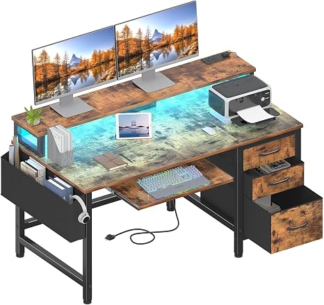 47" Gaming & Home Office Desk with LED Lights, Power Outlets & File Drawers