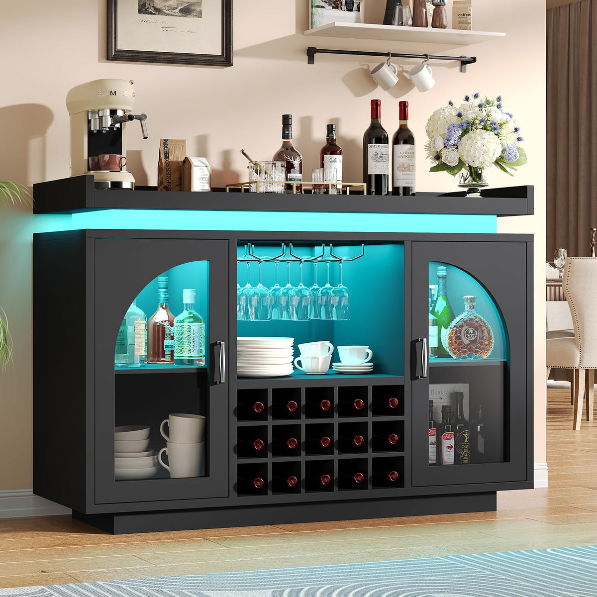knoworld 54'' Wine Bar Cabinet, Black Coffee Bar Cabinet with Outlet and LED Lights, Liquor Cabinet with Wine Rack & Glass Holder, Sideboard Buffet Sideboard for Dining Room, Kitchen
