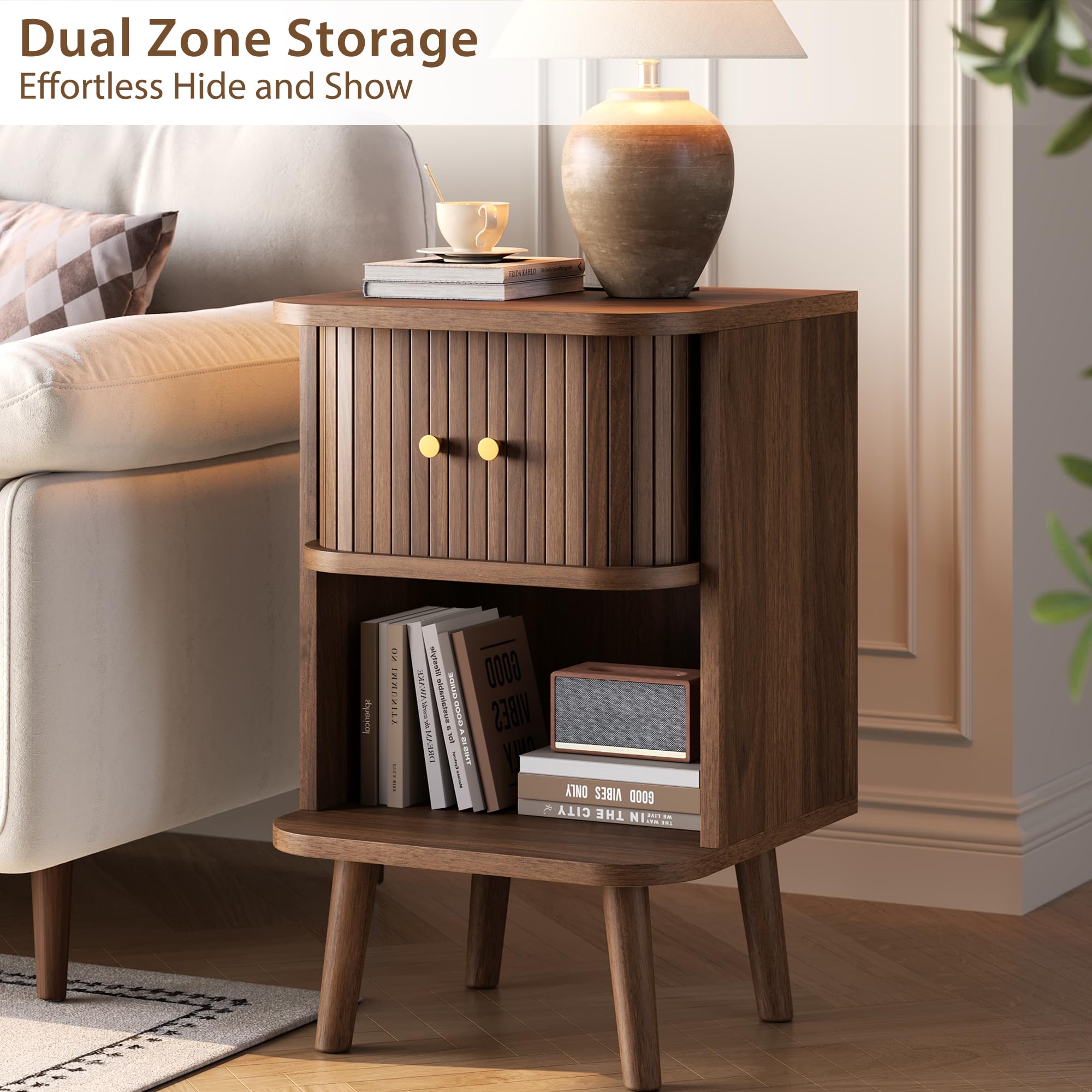 Fluted Nightstand with Charging Station & Sliding Tambour Door