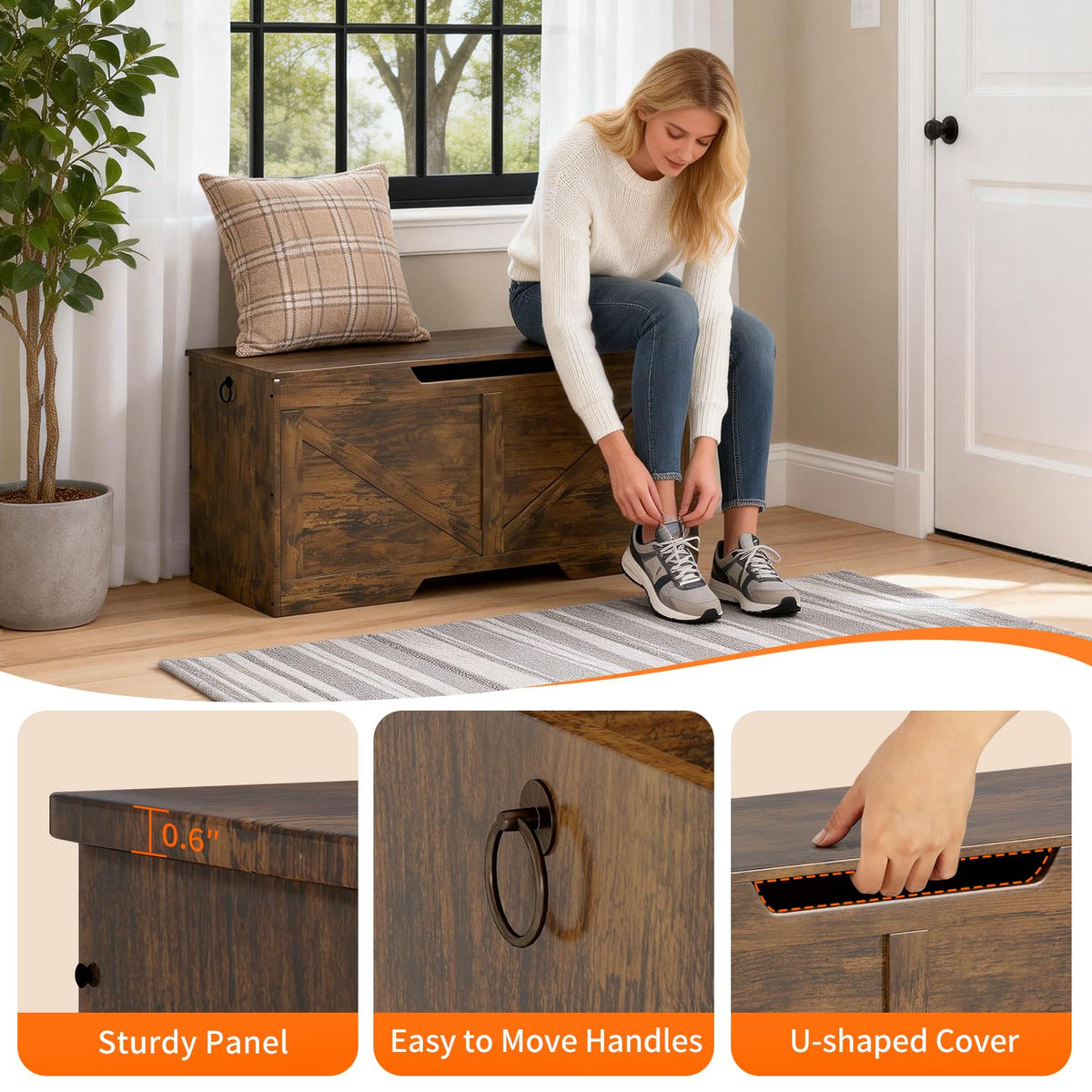 FDW 39.4 Inches Storage Bench, Retro Wooden Storage Benches with Safety Hinge, Entryway Storage Bench Supports 300 lb, Toy Chest Organizer, Easy Assembly for Entryway, Living Room, Brown