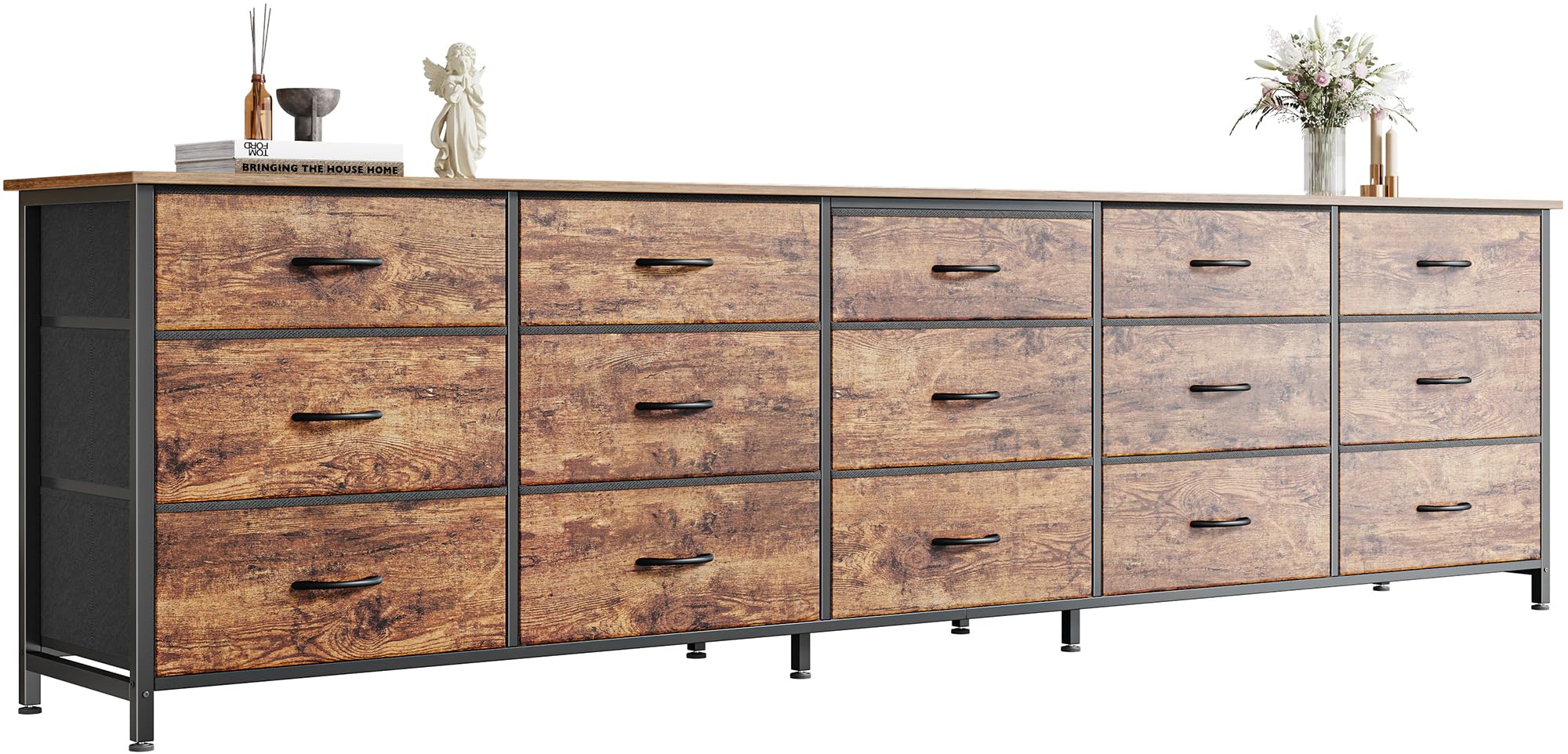 Huuger 78.7 inch Long Dresser for Bedroom, 15 Drawer Fabric Dresser for Closet, Large TV Stand for 65, 75, 85 inch TV, Wide Chest of Drawer with Storage, 78.7" W x 12.9" D x 26.7" H, Rustic Brown