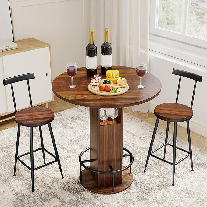 Round Bar Table & 2 Stools Set with Storage