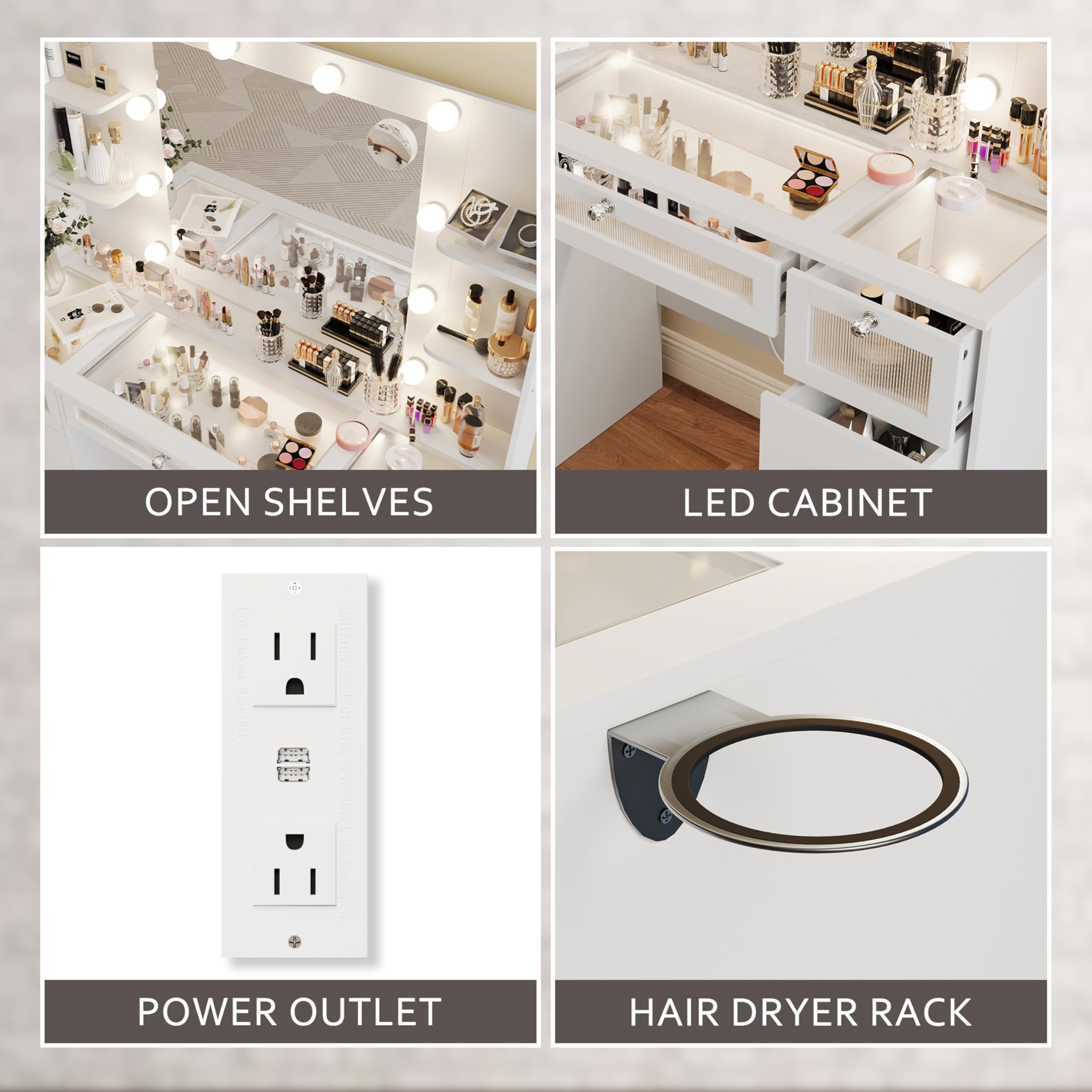 VQRhome White Vanity with Lighted 23.5” Mirror, Glass Top Vanity Desk with 9 Drawers & 3 Color Hollywood Bulbs & 4 Shelves & Acrylic & Power Outlet, Makeup Desk Dressing Table for Bedroom
