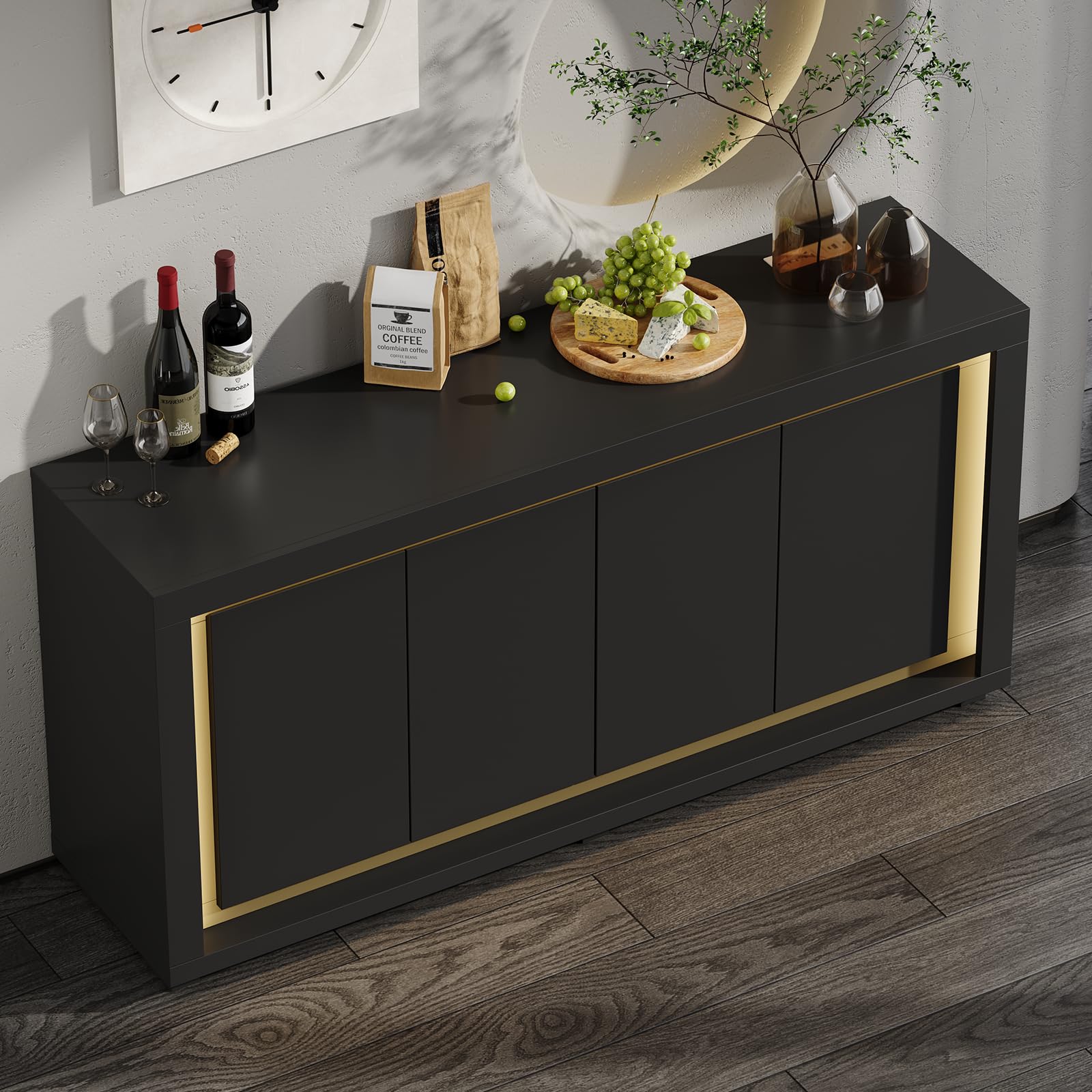 63"Sideboard Buffet Cabinet,Kitchen Buffet Storage Cabinet with Power Outlets & LED Light, Modern Storage Cabinet with 4 Doors,Coffee Bar Console Wine Bar for Living Room,Kitchen,Hallway (Black)